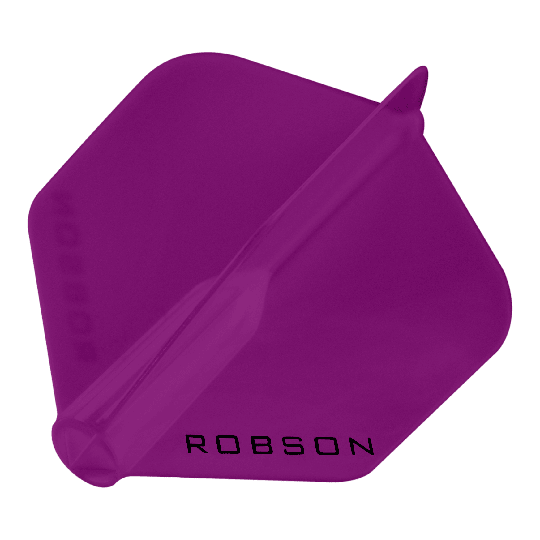 Das Bild zeigt ein violettes Dartflight mit sechseckiger Form. Auf dem Flight steht das Wort "ROBSON" in schwarzen Buchstaben.