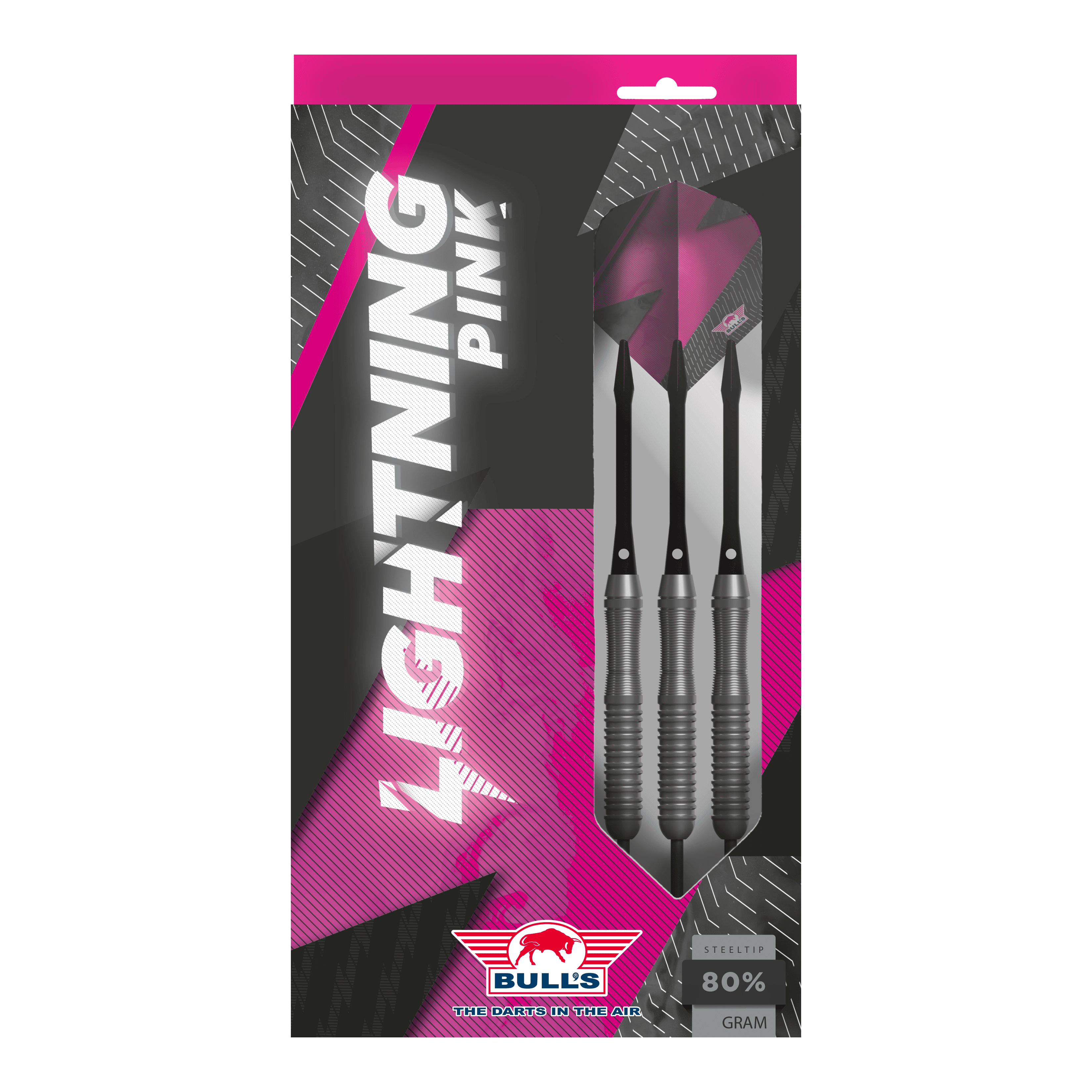 Bulls NL Lightning Pink steel darts Das Bild zeigt eine Verpackung der "Bulls NL Lightning Pink Steeldarts". Die Darts sind in Schwarz und Pink gestaltet und haben einen Stahlspitze.