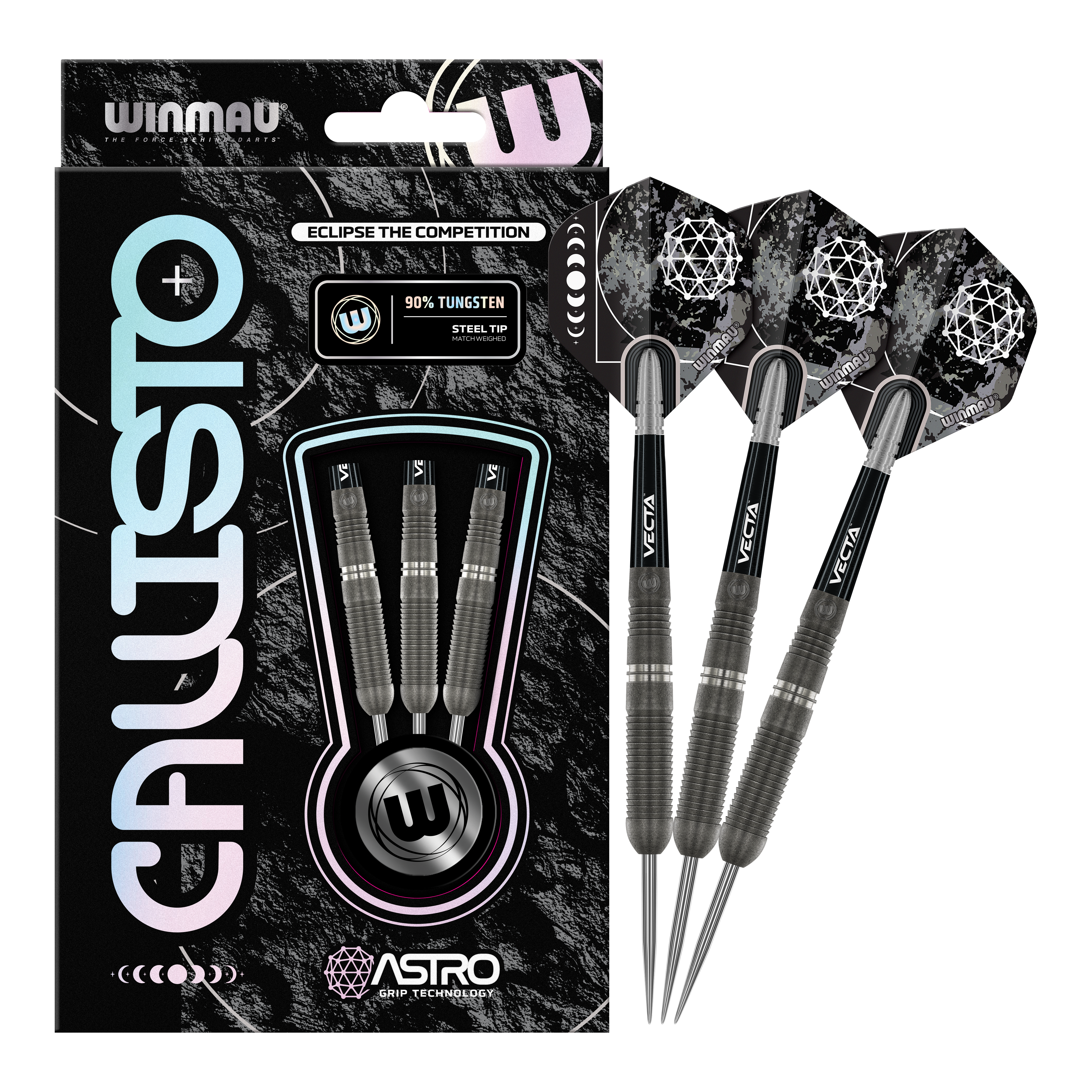 Winmau Callisto 03 Steeldarts Das Bild zeigt die "Winmau Callisto 03 Steeldarts" in ihrer Verpackung. Rechts daneben sind drei ausgepackte Steeldarts mit schwarzem Design zu sehen.