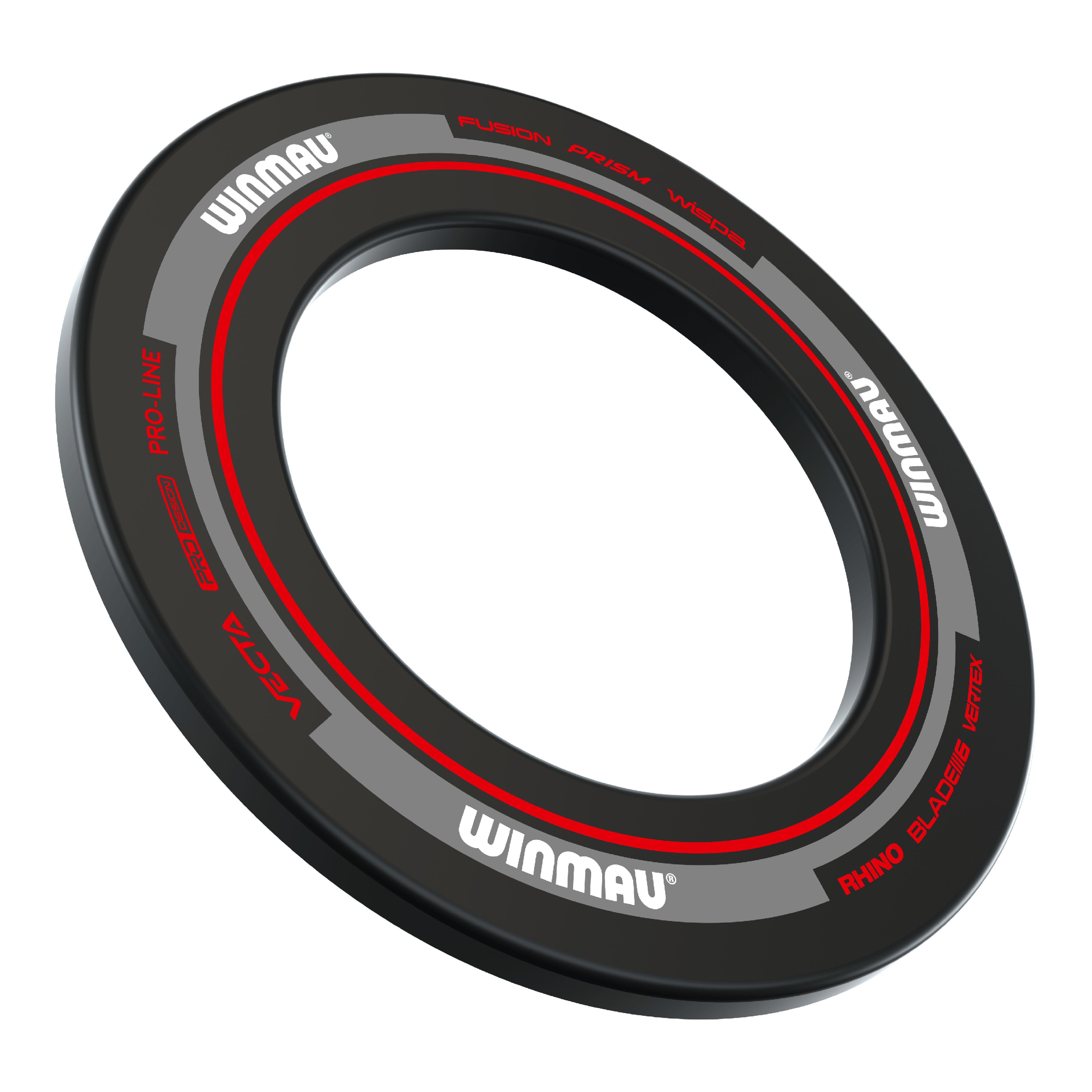 Winmau Advance Dartboard Surround - Black Red Das Bild zeigt einen Winmau Advance Dartboard Surround in Schwarz und Rot. Der Surround ist rund und hat weiße und rote Schriftzüge.