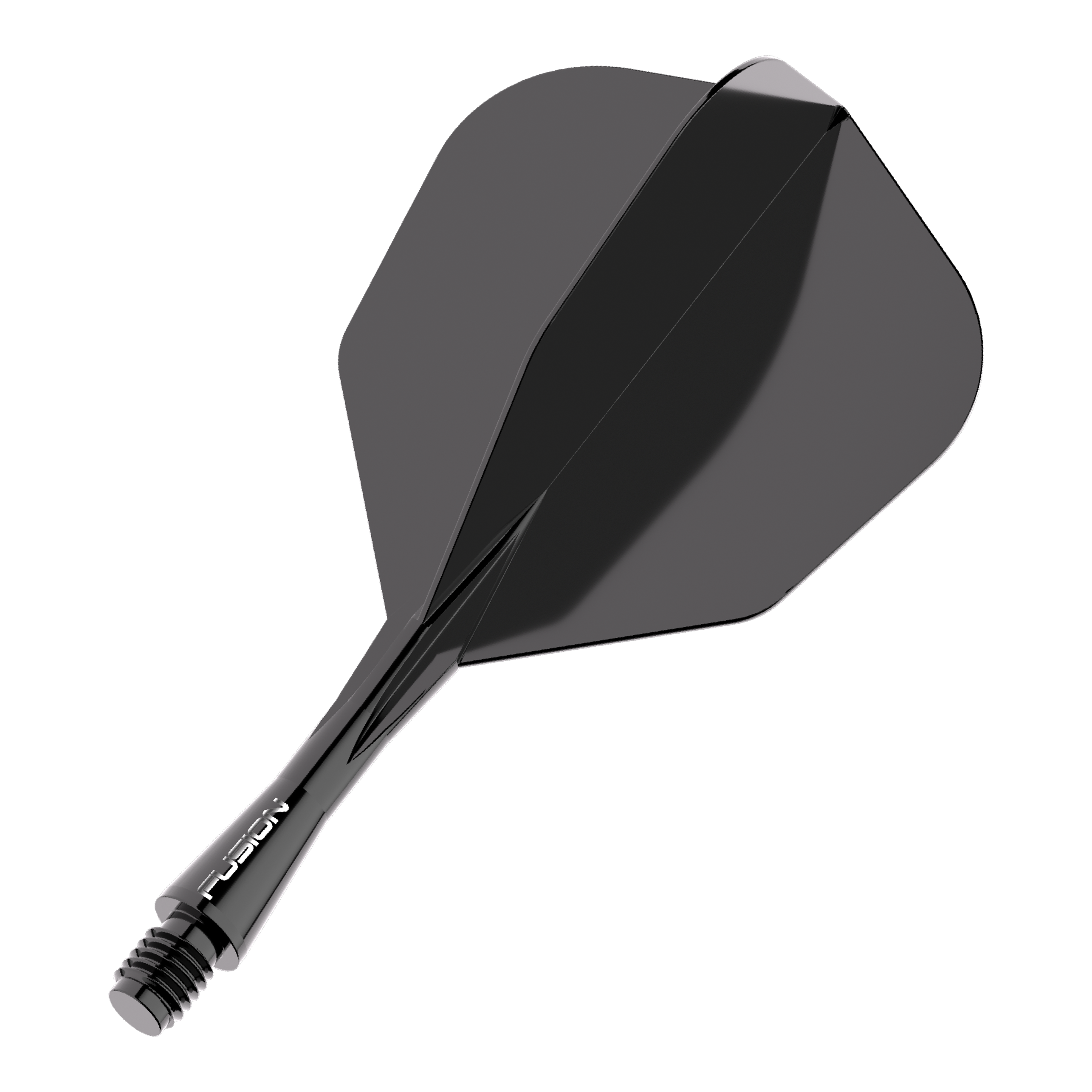 Winmau Fusion Flight Shaft System No6 Black Das Bild zeigt ein schwarzes Dart Flight-Schaft-System. Es trägt den Schriftzug "FUSION" auf dem Schaft und hat eine glänzende Oberfläche.