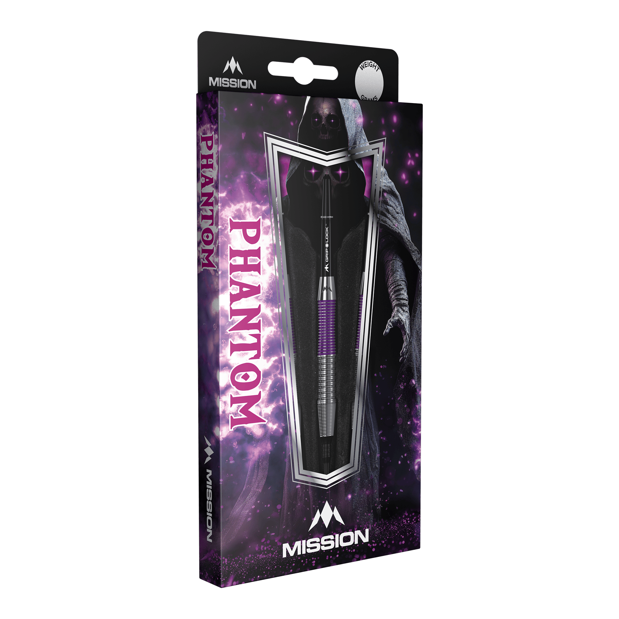 Mission Phantom Brass Soft Darts - 18g Die Abbildung zeigt die Mission Phantom Brass Softdarts mit einem Gewicht von 18g. Die Verpackung ist lila-schwarz gestaltet und zeigt einen mystischen Phantom-Charakter.