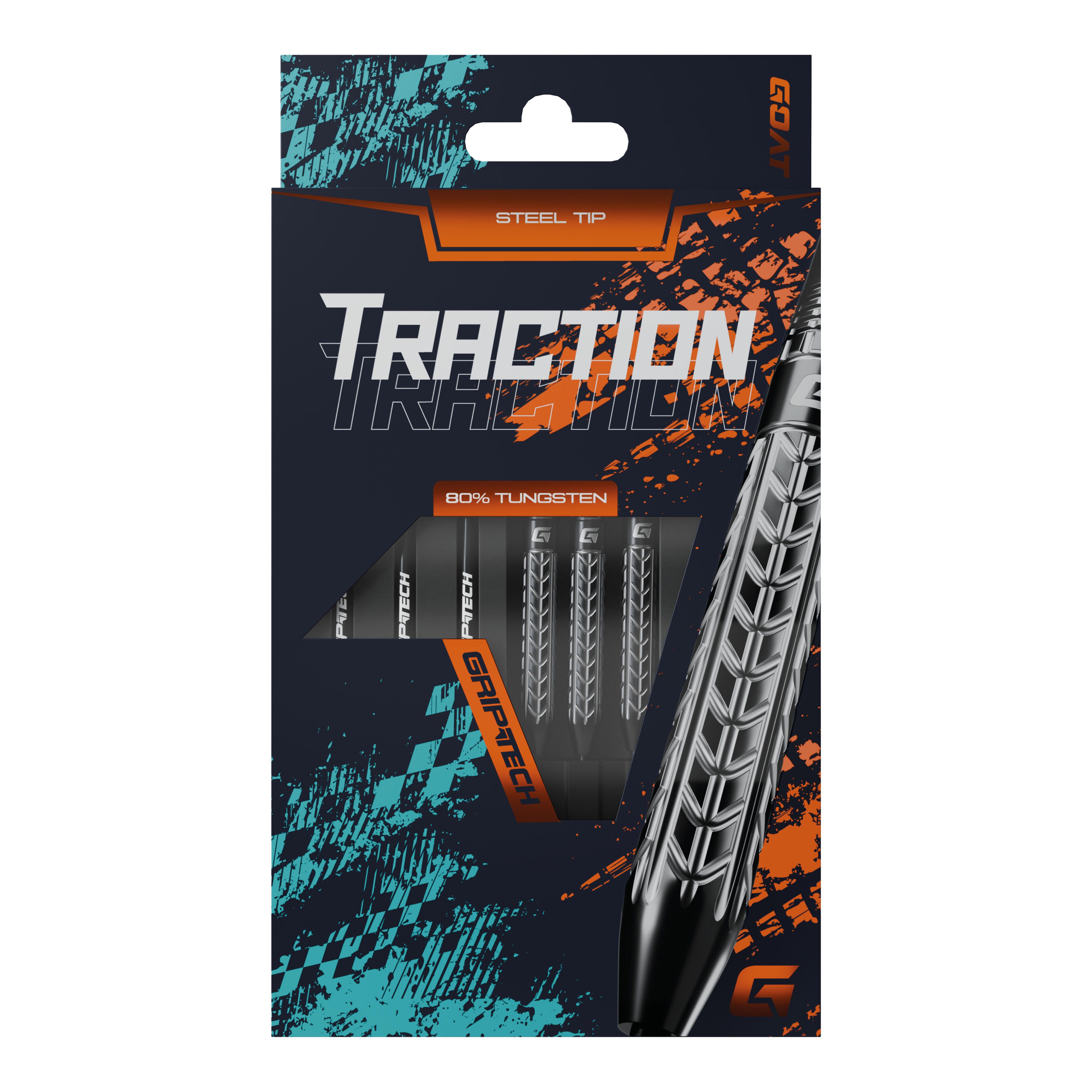 Die Abbildung zeigt die Verpackung der "GOAT Traction Tungsten Steeldarts" mit Stahlspitzen. Auf der Vorderseite ist das auffällige Design und der Hinweis auf 80% Tungsten sowie GRIPTECH deutlich sichtbar.