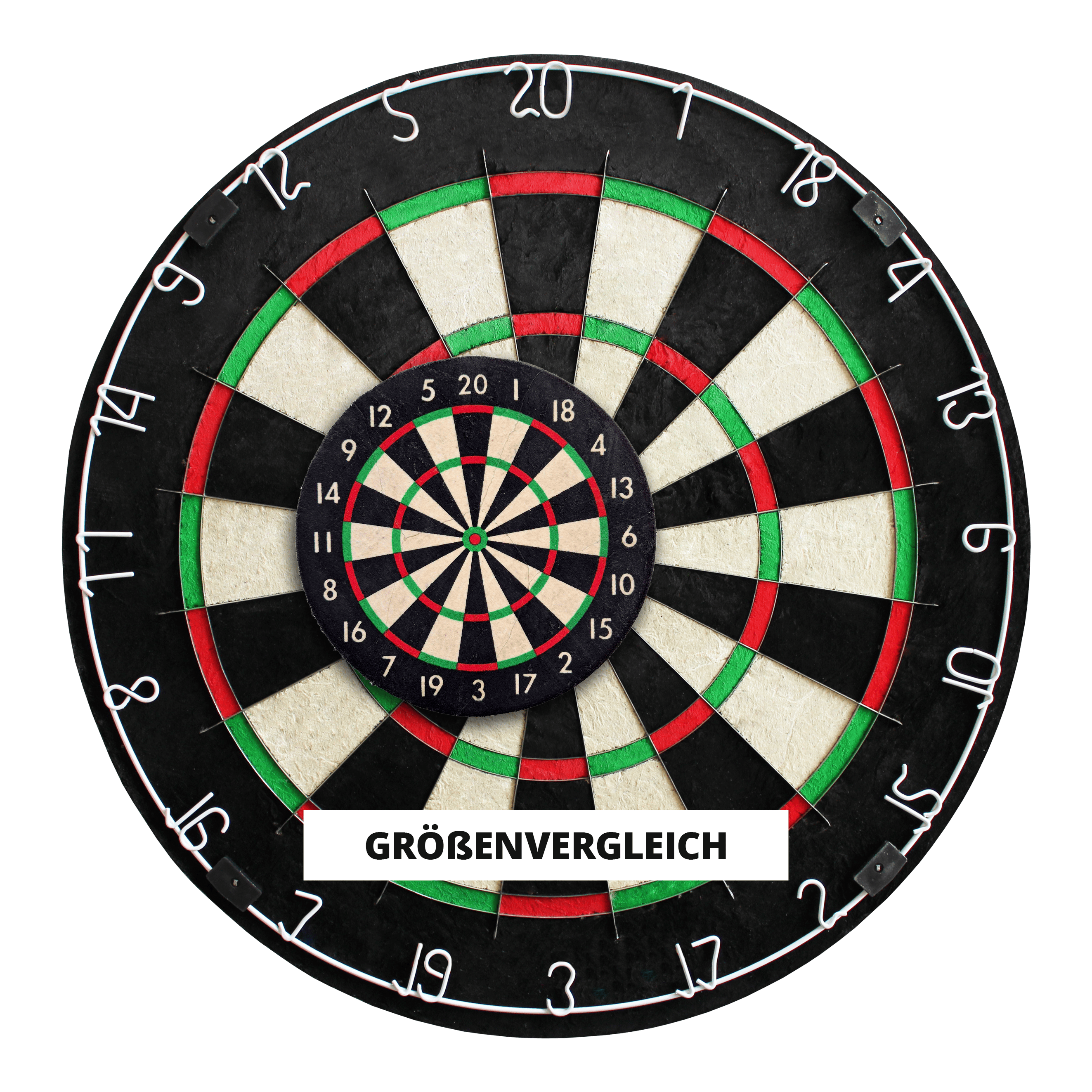 Ruthless Mini Desktop Dartboard Set Das Bild zeigt zwei Dartscheiben, eine große und eine kleine, die übereinander gelegt wurden. In der Mitte steht das Wort "Größenvergleich" auf einem weißen Streifen.