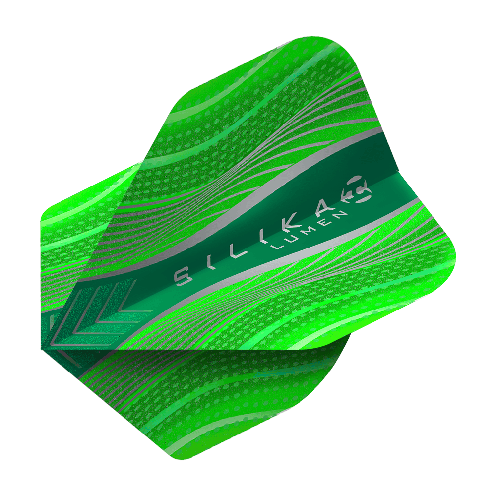 HR63_Harrows_Silika_Lumen_Green_No2_Standard_Flights_2 Harrows Silika Lumen No2 Standard Flights mit grafischem Muster. Die Flights sind gleichmäßig ausgerichtet.