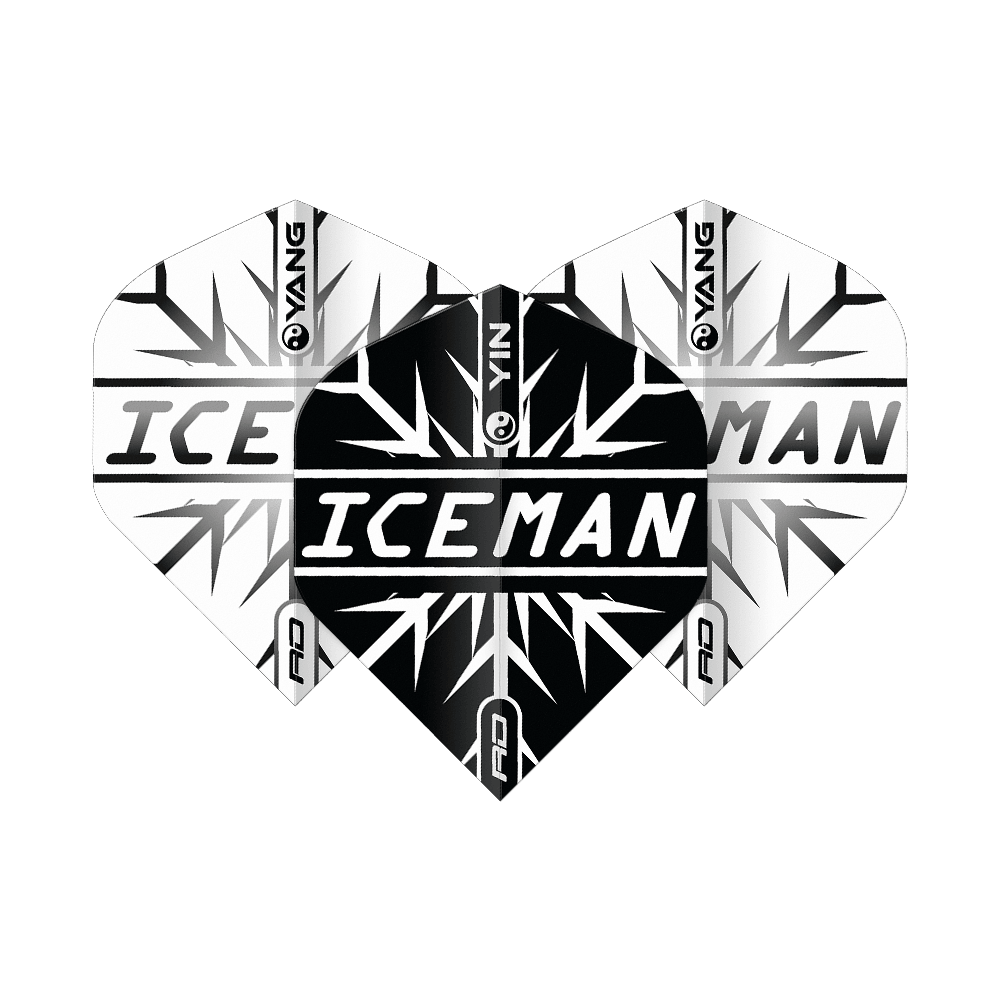 Red Dragon Gerwyn Price Iceman Black White Yin Yang Standard Flights Das Bild zeigt Dart-Flights in einem Yin-Yang-Design in Schwarz und Weiß mit dem Schriftzug "ICEMAN" in der Mitte. Das Muster erinnert an Eiskristalle und trägt das Markenlogo "Red Dragon".