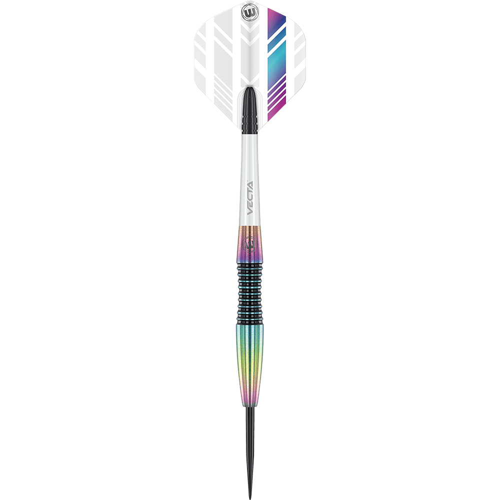 Das Bild zeigt einen Winmau Elektra Steeldartpfeil. Der Dart hat ein bunt-schimmerndes Barrel und einen weißen Flight mit violetten und blauen Streifen.