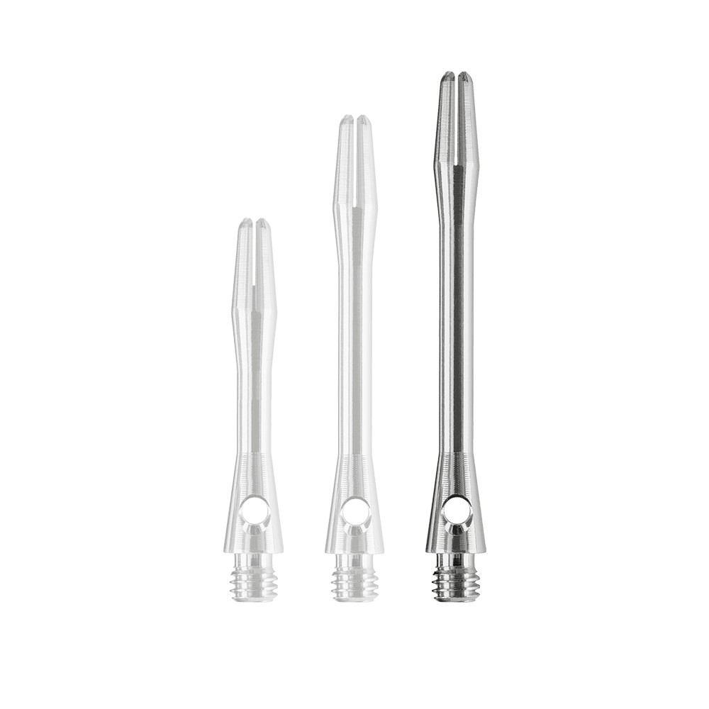 HR371_Harrows_Keramic_Shafts_Gun_Metal_47mm_1vpsXv4za7X8VV Das Bild zeigt drei Harrows Keramic Shafts in der Farbe Gun Metal. Die Dartschäfte sind in unterschiedlichen Längen angeordnet.