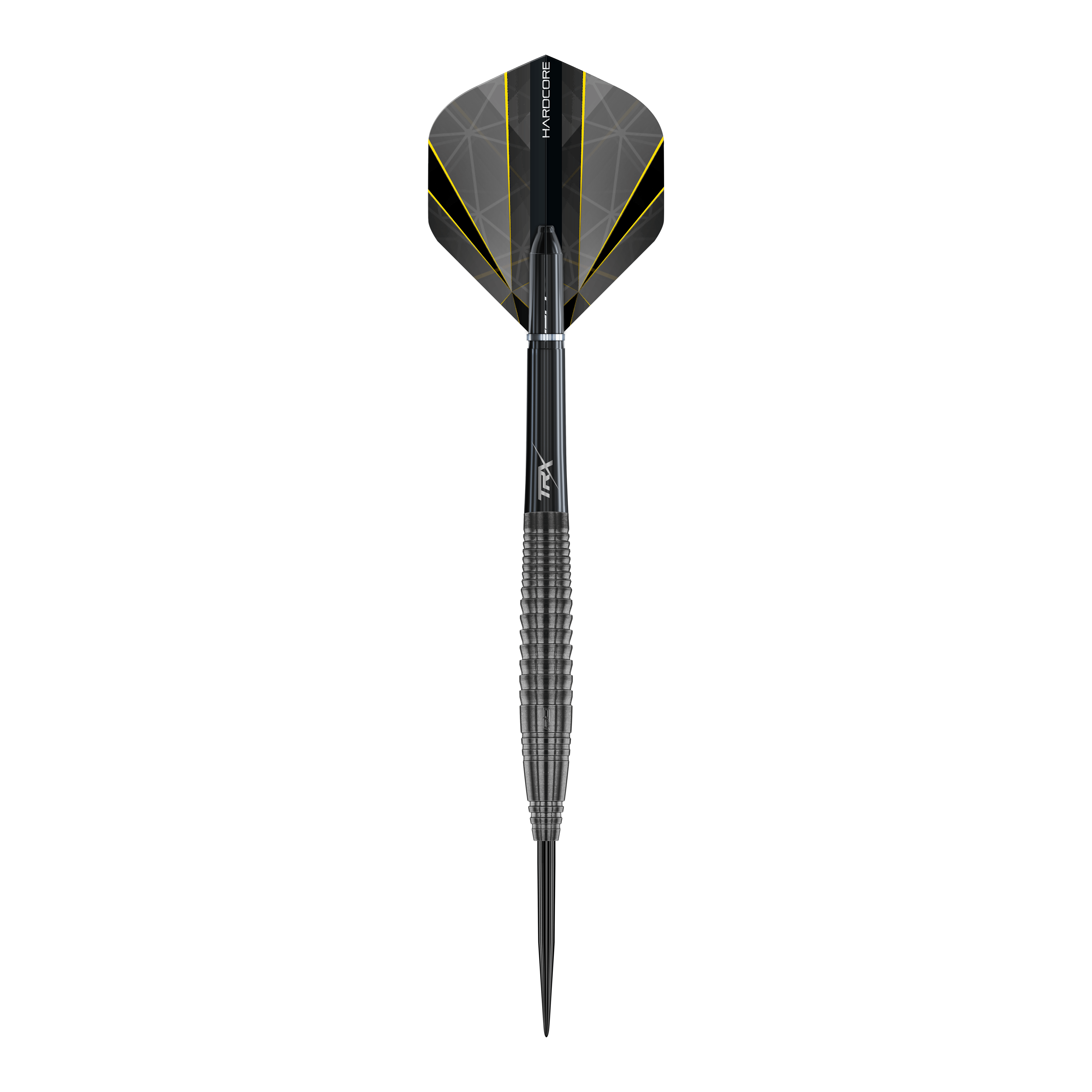 Red Dragon Seren 4 Onyx Steeldarts Dieses Bild zeigt den "Red Dragon Seren 4 Onyx Steeldart". Der Dartpfeil ist schwarz mit gelben Akzenten und hat ein modernes, geriffeltes Design.
