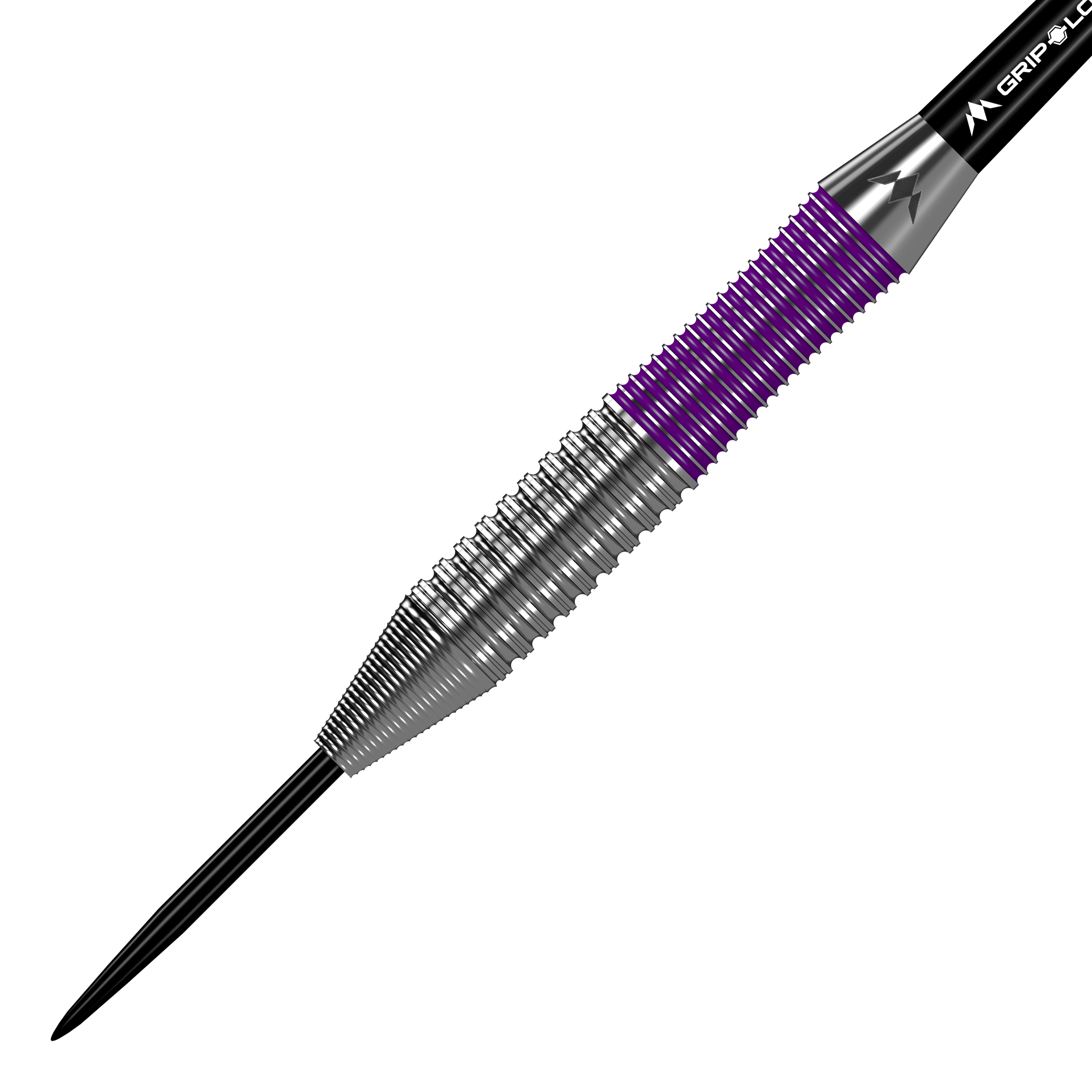 Mission Phantom Brass Steel Darts - 22g Das Bild zeigt einen Mission Phantom Brass Steeldart mit einem Gewicht von 22g. Der Dart hat eine silberne Spitze und ein Griffstück mit lila und silbernen Rillen.