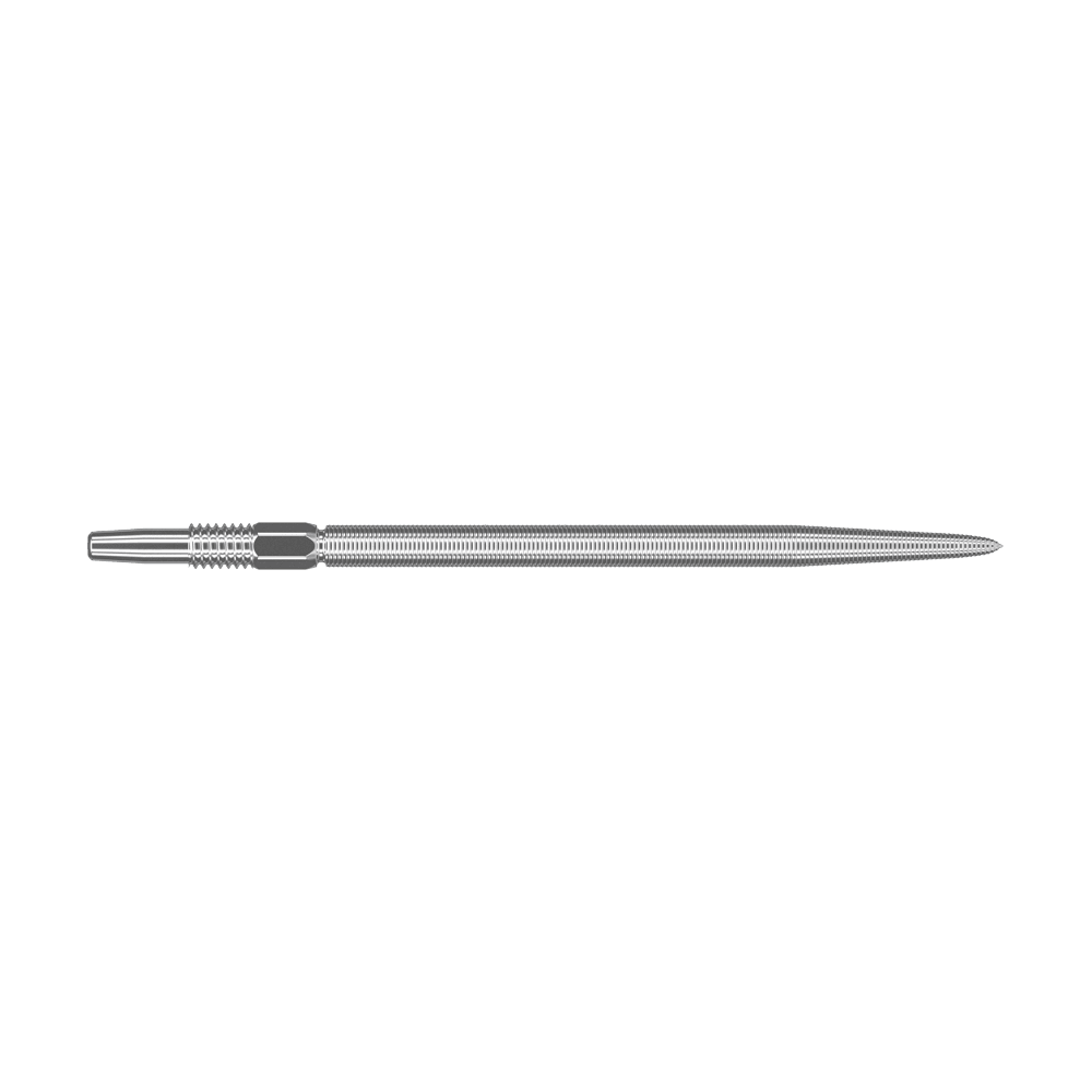 Target Swiss Point Nano Dart Tips - Silver Das Bild zeigt eine silberne Dartspitze mit feiner Riffelung. Sie ist lang und schlank gestaltet und besitzt präzise eingearbeitete Details.