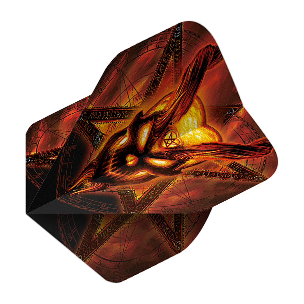 Alchemy Burning Temple No2 Standard Flights Das Bild zeigt das Produkt „Alchemy Burning Temple No2 Standard Flights“. Es hat ein auffälliges, feuriges Design mit einem brennenden Motiv und mystischen Symbolen.