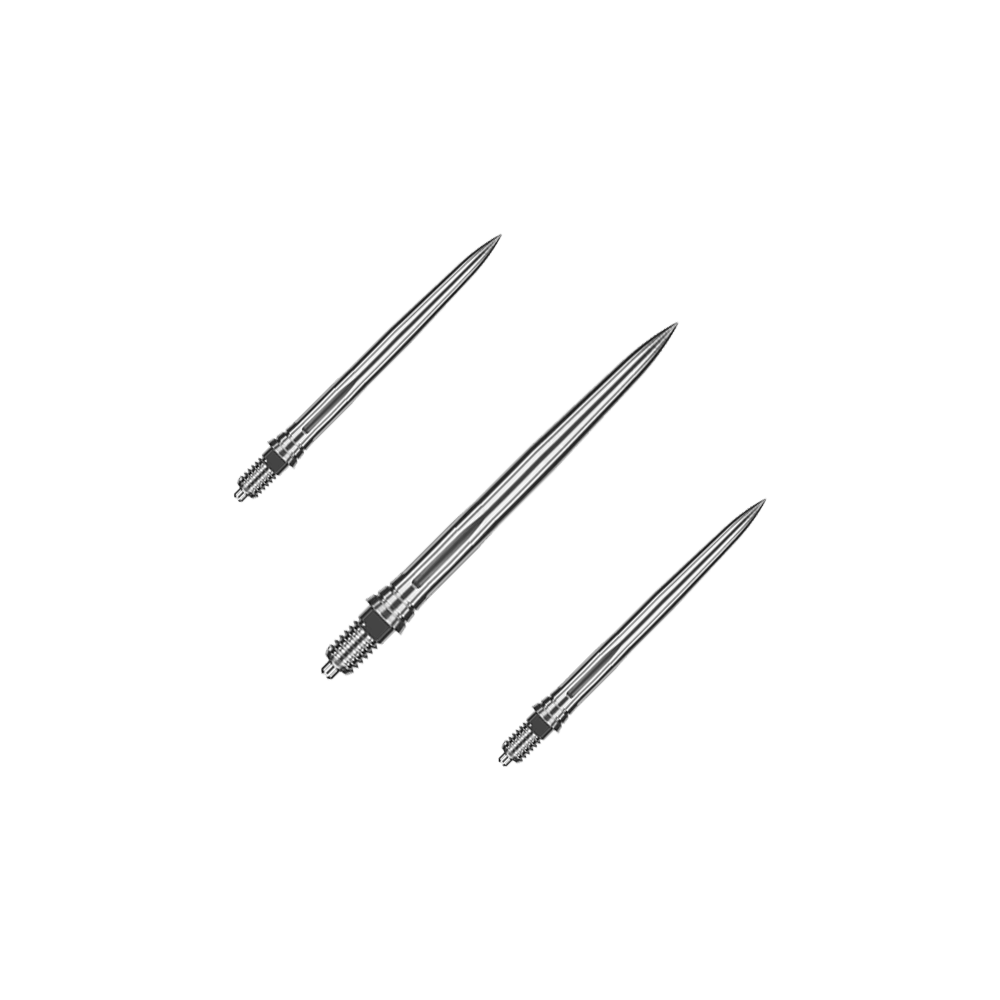 Das Bild zeigt ein Set aus glatten silbernen Dartspitzen. Die Spitzen sind ordentlich nebeneinander angeordnet.
