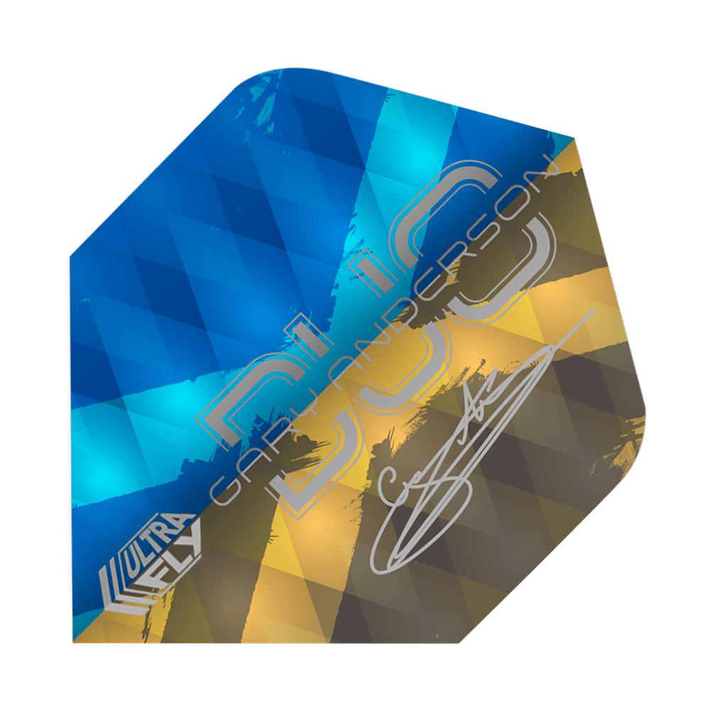 Unicorn Ultrafly 100 Gary Anderson Duo Plus Flights Das Bild zeigt ein Dart-Flight der Marke Unicorn Ultrafly 100 Gary Anderson Duo Plus. Das Flight hat ein Muster in Blau, Gelb und Braun und trägt die Unterschrift von Gary Anderson.