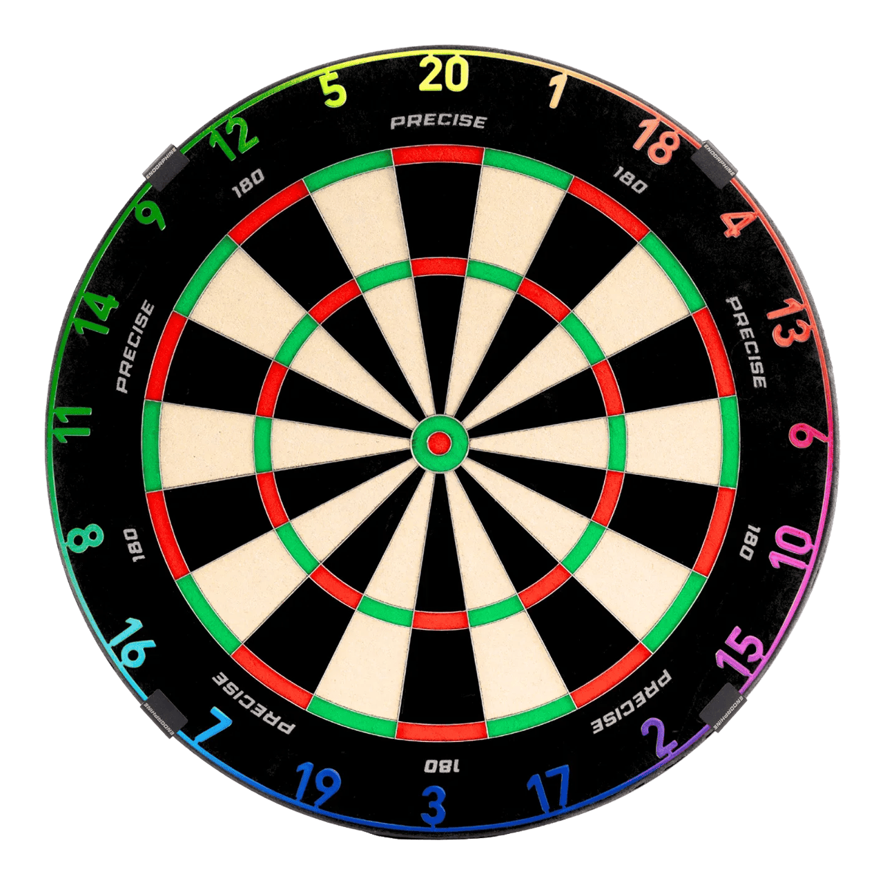 Precise 180 Endorphine steel dartboard with number ring - Spectrum Zu sehen ist das Precise 180 Endorphine Steeldartboard mit Nummernring – Spectrum. Das Dartboard ist frontal abgebildet.