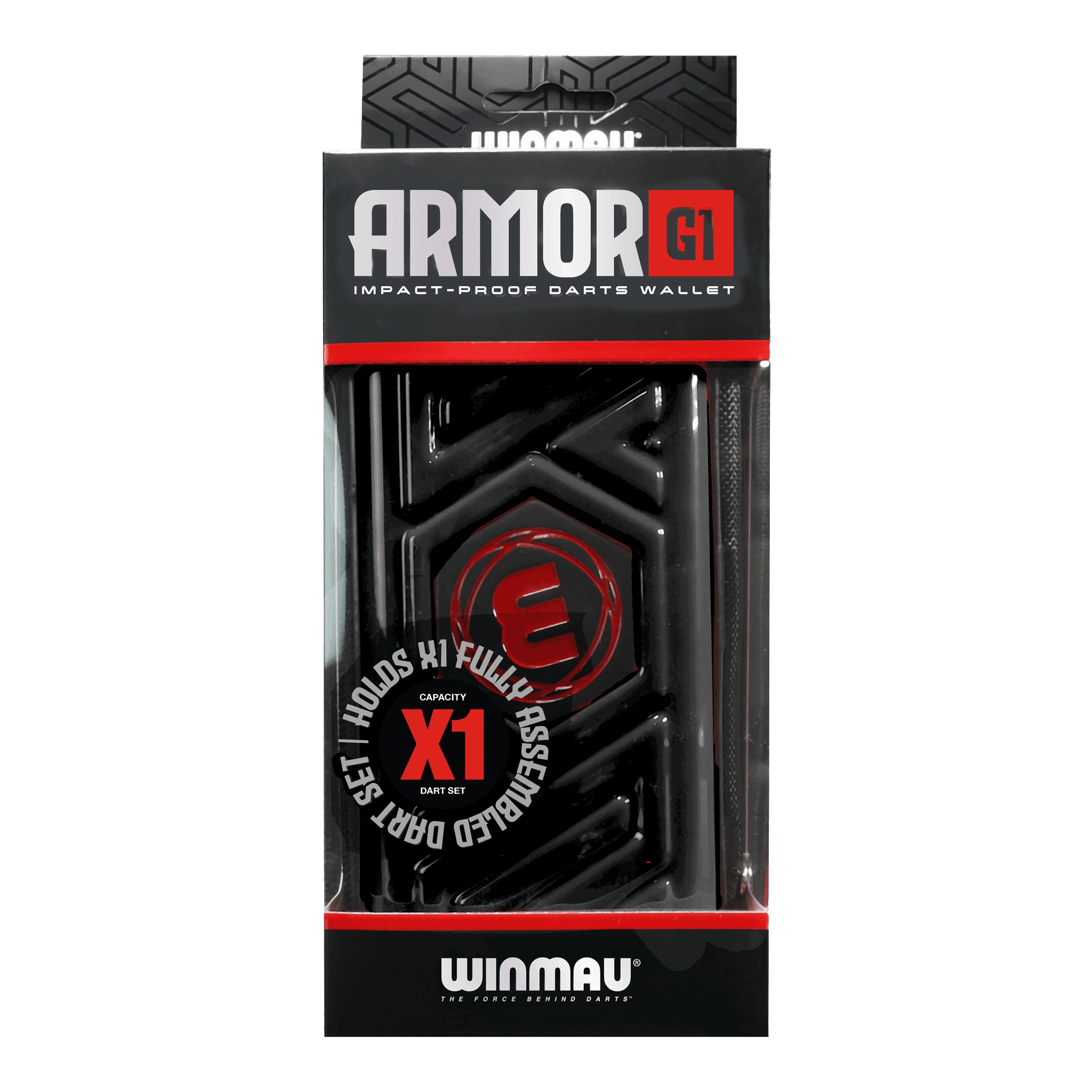 Winmau Armor G1 Dart Wallet Das Bild zeigt eine schwarze Darttasche von Winmau mit dem Namen "Armor G1". Die Verpackung betont, dass sie stoßfest ist und ein vollständig montiertes Dart-Set aufnehmen kann.