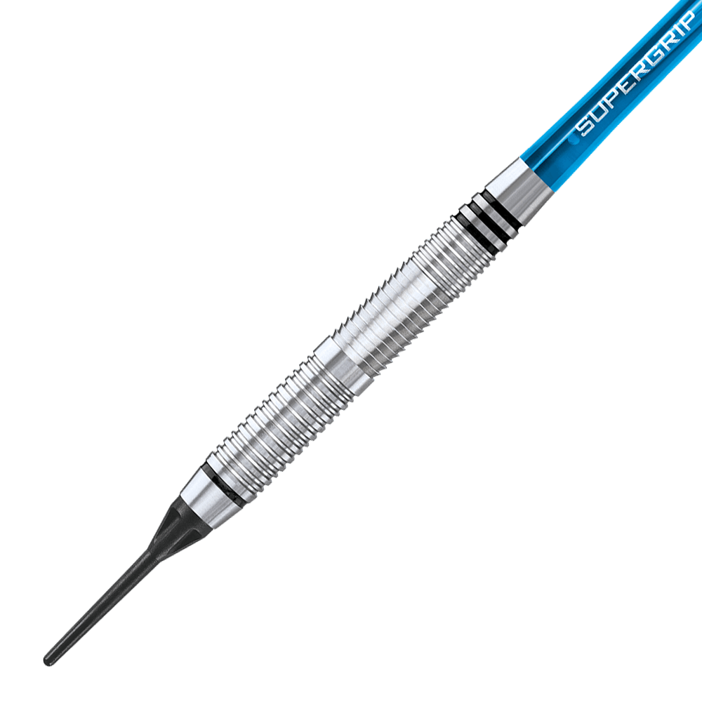HA13968-B_Harrows_Blaze_Style_B_Softdarts_2 Das Bild zeigt einen Harrows Blaze Style B Softdart mit einem Gewicht von 18g. Der Dart hat ein silbernes, geriffeltes Barrel und ein blaues Schaftstück mit der Aufschrift „Supergrip“.