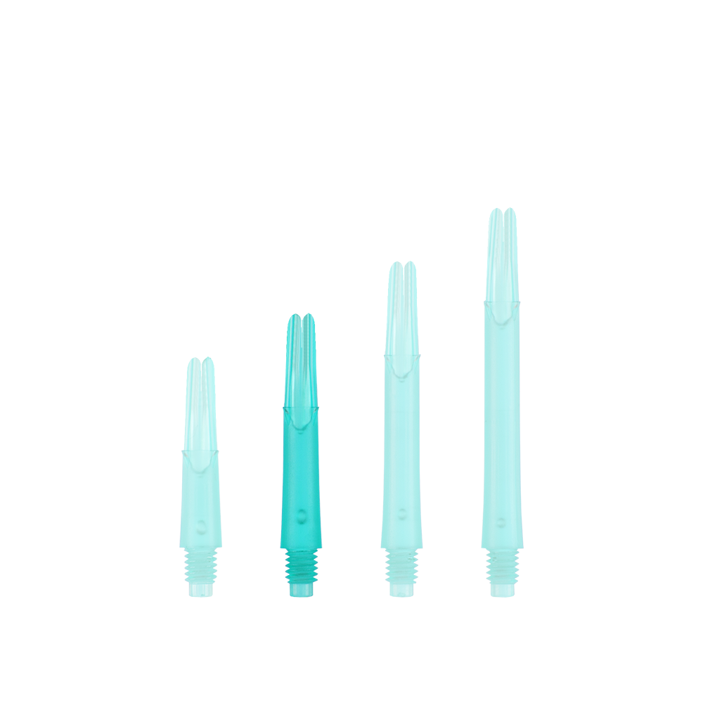 Das Bild zeigt vier grüne, durchsichtige Dartschafts in unterschiedlichen Längen. Sie sind senkrecht und nebeneinander aufgereiht.