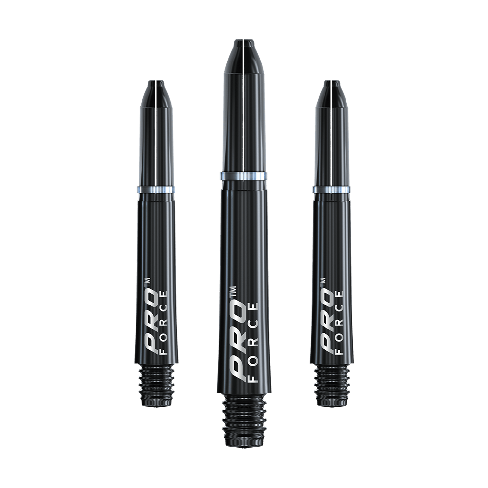 7011_101_Winmau_Pro-Force_Shafts_Schwarz_35mm_1X6BcI0vwD5EeC Das Bild zeigt drei schwarze Winmau Pro-Force Shafts für Darts. Auf den Shafts steht der Schriftzug "PRO FORCE" in weißer Farbe.