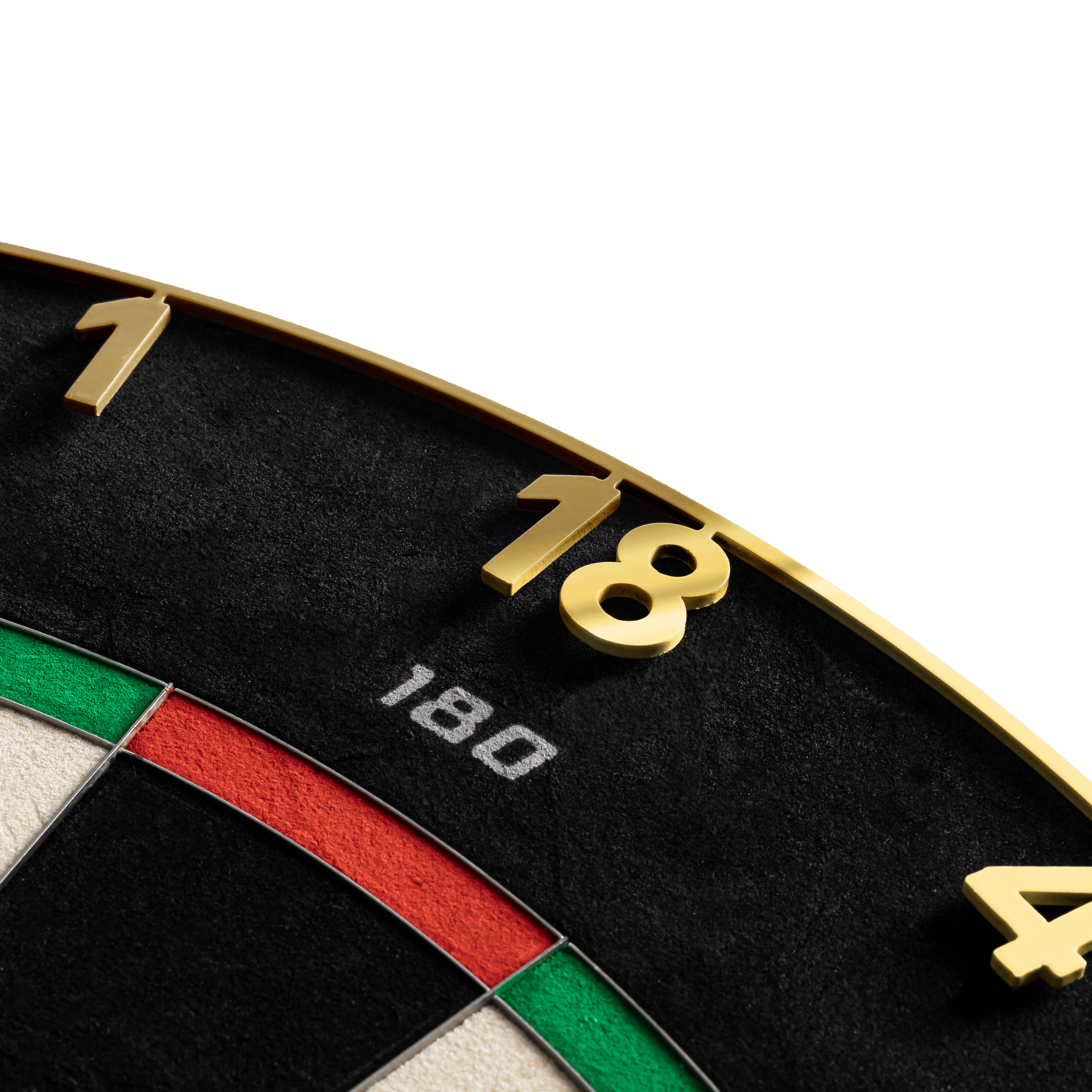 Hier sieht man das Precise 180 Endorphine Steeldartboard mit Nummernring in Gold. Die goldene Dartscheibe ist für präzises Spielen konzipiert.