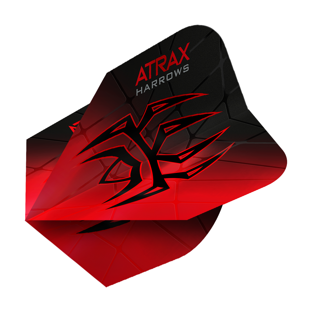 Harrow's Atrax Prime No6 Flights Das Bild zeigt das Produkt "Harrows Atrax Prime No6 Flights". Die Dartflight ist rot und schwarz mit einem markanten, grafischen Muster und dem Schriftzug "ATRAX HARROWS".