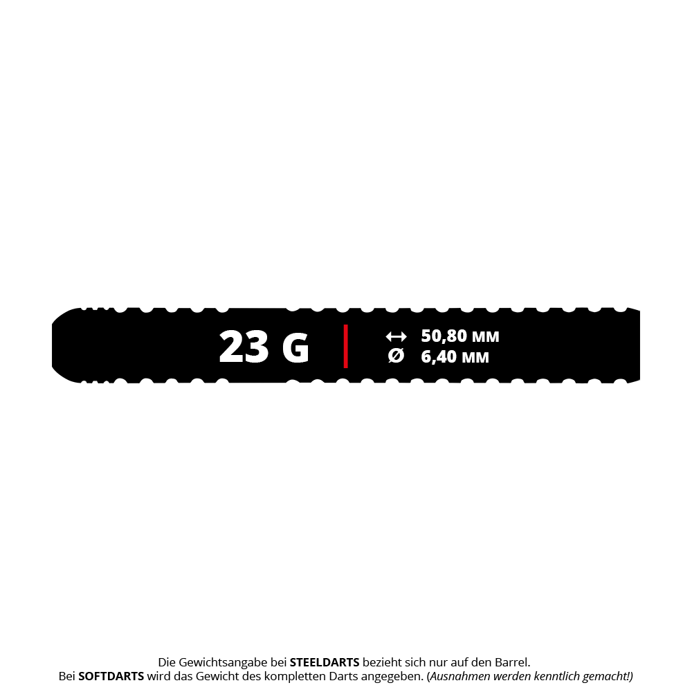 Winmau Ryan Branley Steel Darts - 23g Das Bild zeigt die Produktdaten der Winmau Ryan Branley Steeldarts mit einem Gewicht von 23 Gramm. Der Barrel ist 50,80 mm lang und hat einen Durchmesser von 6,40 mm.