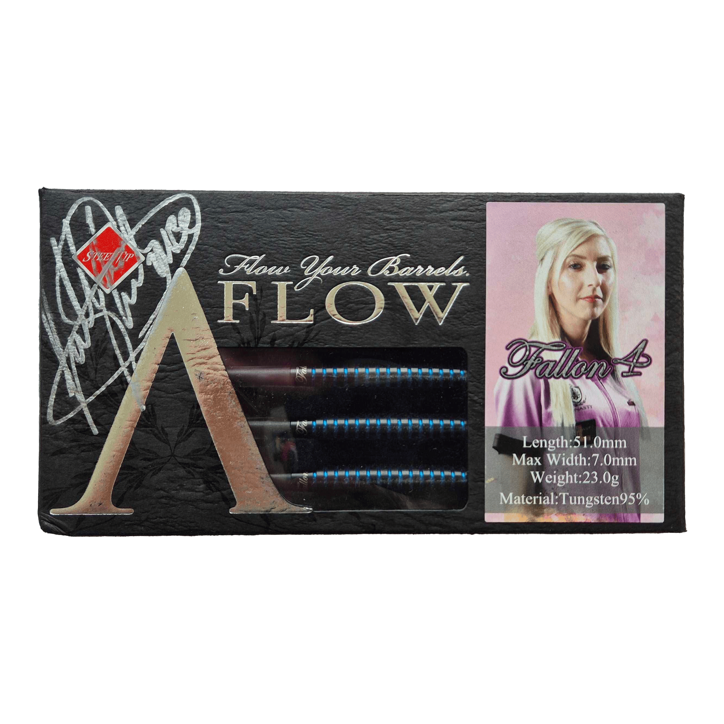 Dynasty Fallon Sherrock 4 AFlow BK Steel Darts - With Autograph - 23g Das Bild zeigt eine Packung Dynasty Fallon Sherrock 4 AFlow BK Steeldarts mit einer Unterschrift. Auf der Verpackung ist auch ein Foto von Fallon Sherrock sowie die technischen Daten der Darts abgebildet.