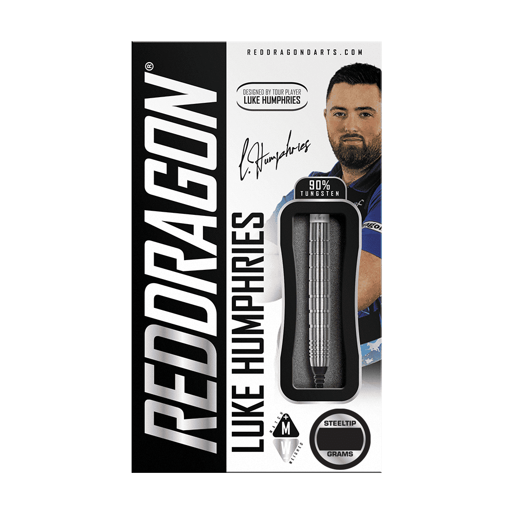 RD2505_Red_Dragon_Luke_Humphries_TX1_Softdarts_3 Auf dem Bild ist die Verpackung der "Red Dragon Luke Humphries TX1 Softdarts - 20g" zu sehen. Die Schachtel zeigt einen Dartpfeil und ein Bild von Luke Humphries, mit dem Hinweis auf 90% Tungsten.