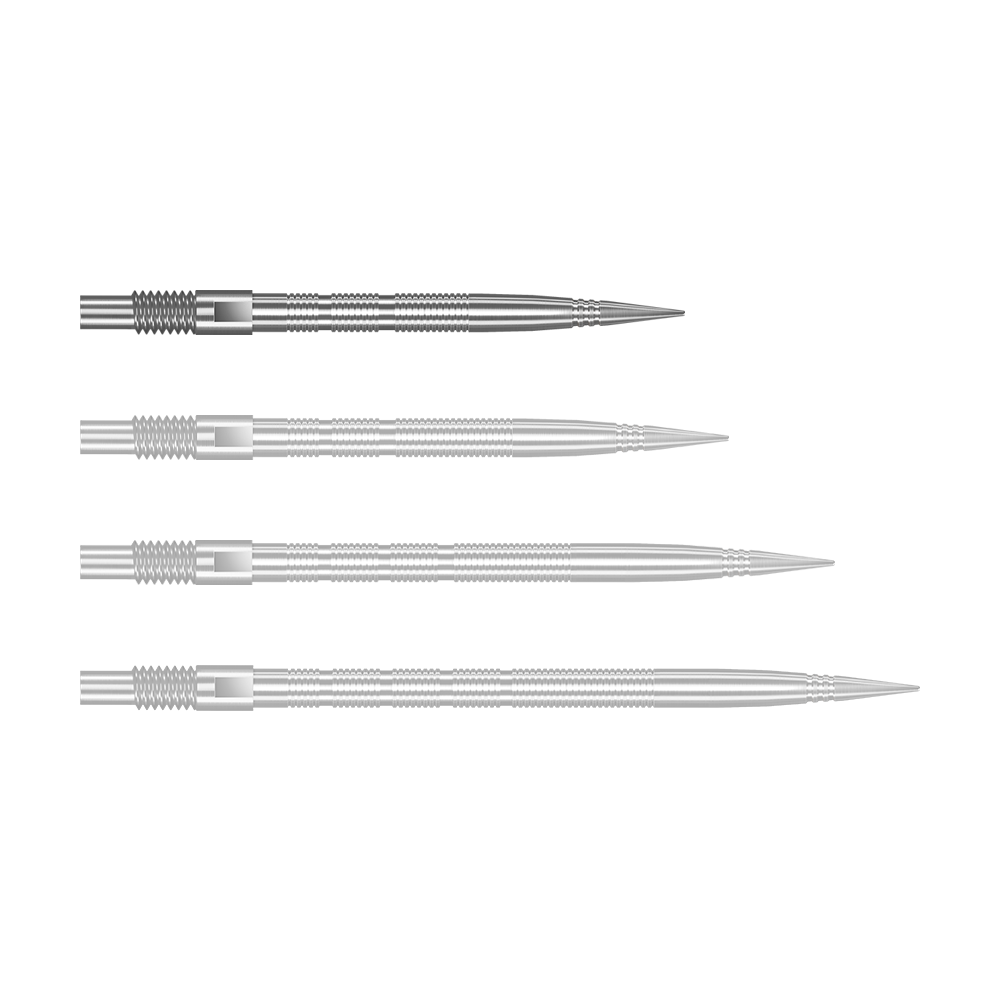 Harrows Quick Point Micro Ridge Dart Tips - Silver Silberne Harrows Quick Point MicroRidge Dartspitzen mit 26 mm Länge werden dargestellt. Die Spitzen liegen einzeln auf einer hellen Oberfläche.