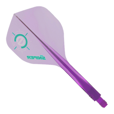 Das Bild zeigt ein Condor Axe 120 Connor Scutt Sniper Clear Purple Flight-System in Standardform. Das Produkt ist überwiegend durchsichtig-lila und hat grüne Akzente sowie den Schriftzug "SNIPER" auf dem Flight.