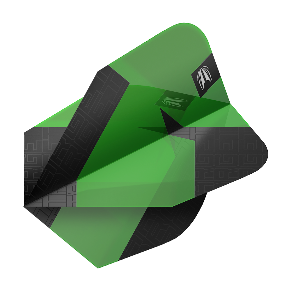 Das Bild zeigt einen grünen Dartflight mit schwarzen Akzenten aus der Serie "Target Pro Ultra TAG Grün Ten-X Standard Flights". Das moderne Design hebt sich durch klare Farben und Muster hervor.