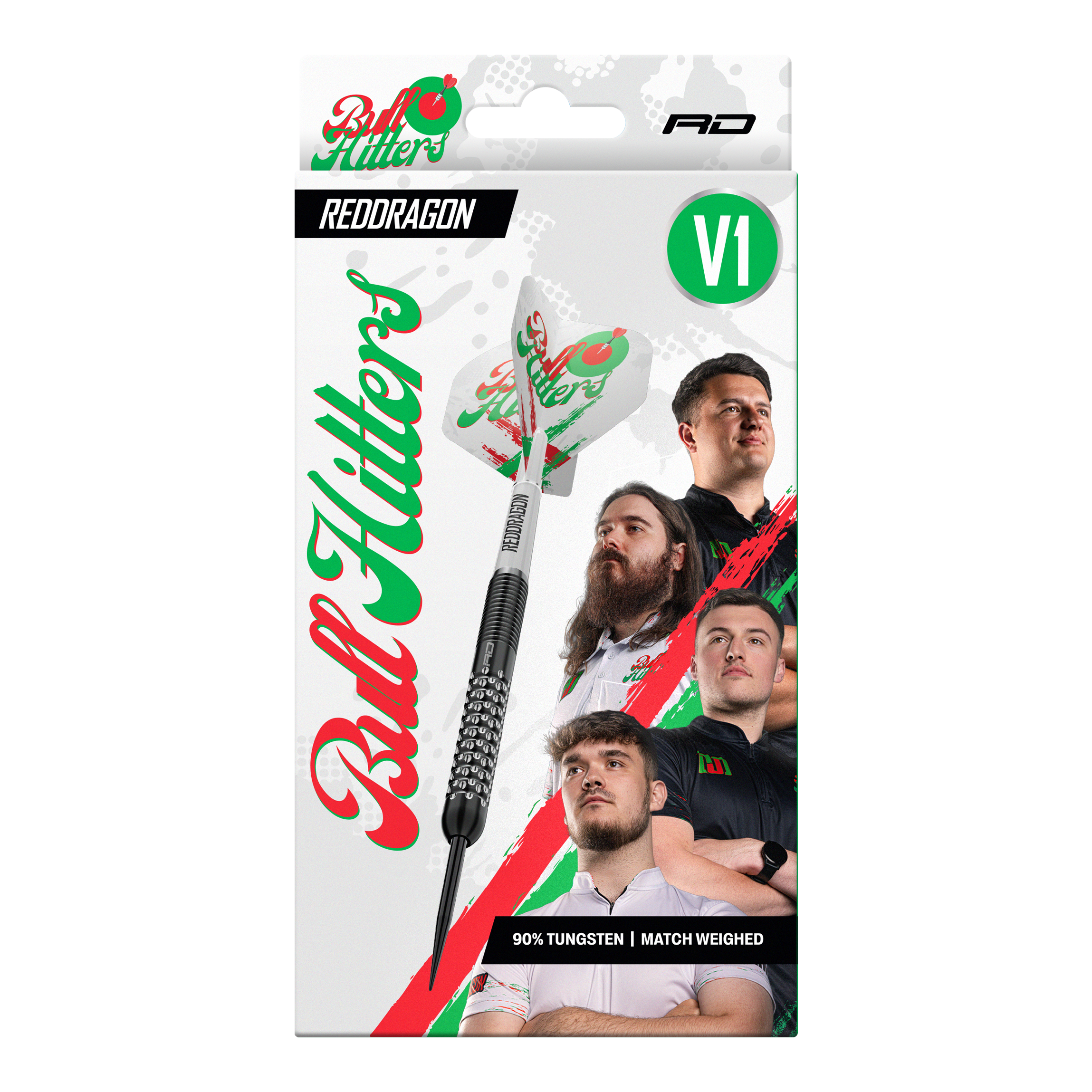 Red Dragon Bullhitters V1 Steeldarts - 23g Das Bild zeigt die Red Dragon Bullhitters V1 Steeldarts mit einem Gewicht von 23g. Diese Darts sind für das Steeldart-Spiel geeignet.