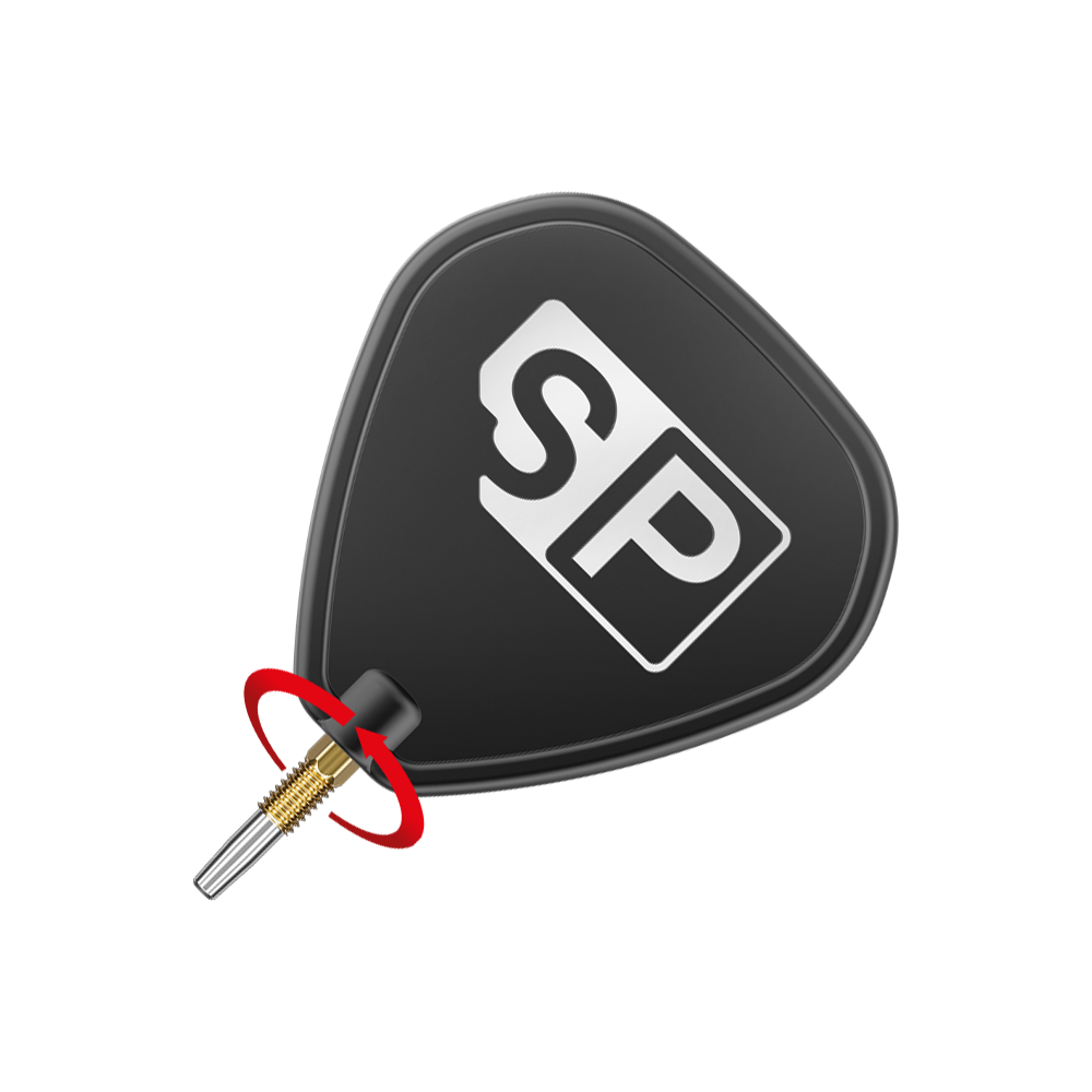 Target Swiss Point Chrono Dart Tips - Gold Das Bild zeigt eine schwarze Dartspitze mit den weißen Buchstaben "SP" darauf. Ein roter Pfeil deutet auf eine Drehbewegung an der goldenen Schraubverbindung hin.