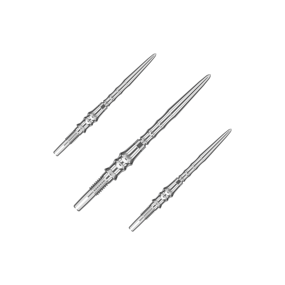 Ein Set silberner SwissPoint-Dartspitzen mit einer Länge von 30 mm ist abgebildet. Die Dartspitzen sind für den Einsatz mit Target Japan Premium geeignet.