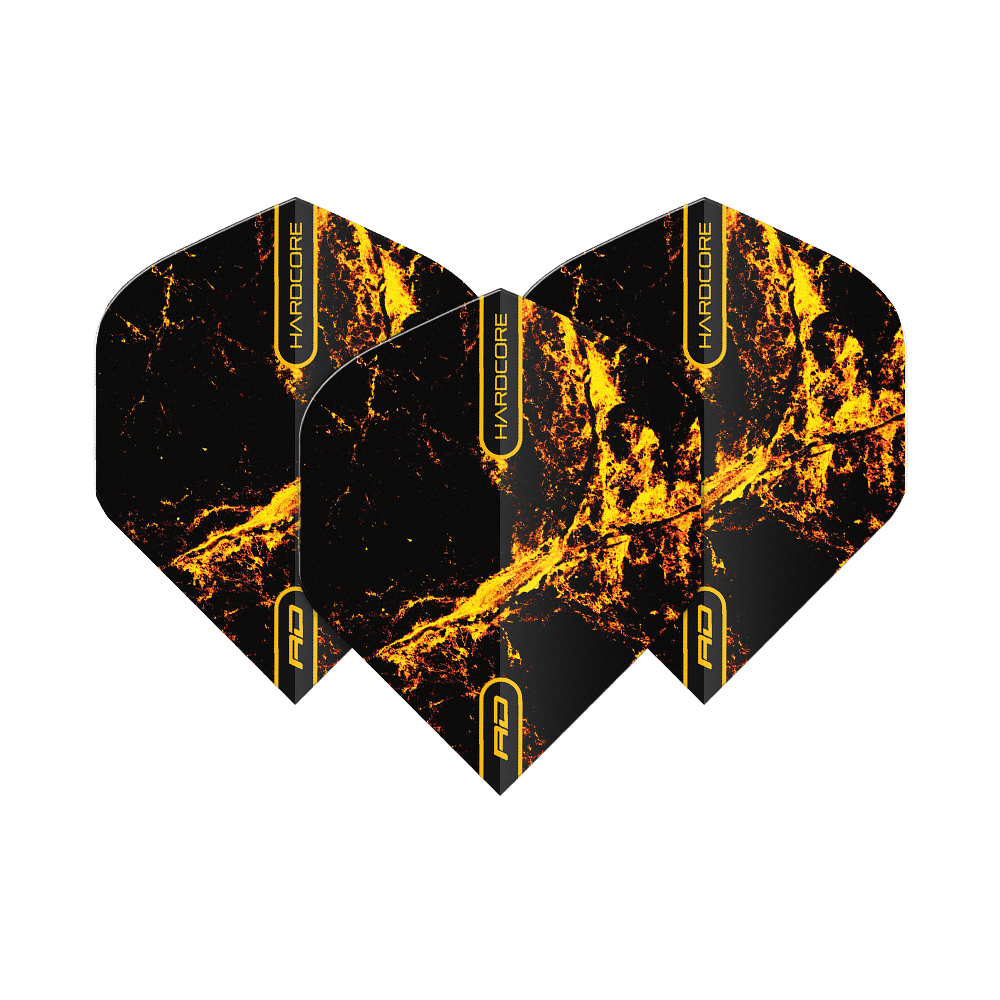 TF6634_Red_Dragon_Hardcore_Radical_Golden_Strike_Standard_Flights_1Doua8YrF3w1gj Das Bild zeigt drei Dartflights mit der Aufschrift "HARDCORE" und einem auffälligen schwarzen und goldenen Flammenmuster. Es handelt sich um das Produkt "Red Dragon Hardcore Radical Golden Strike Standard Flights".