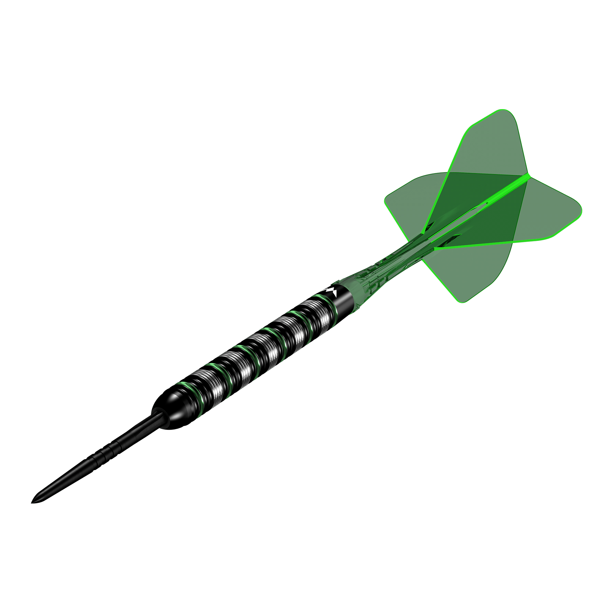 Mission Moldavite Steeldarts - 23g wird aus einer anderen Perspektive gezeigt. Die Darts zeichnen sich durch ein grünes Designelement aus.