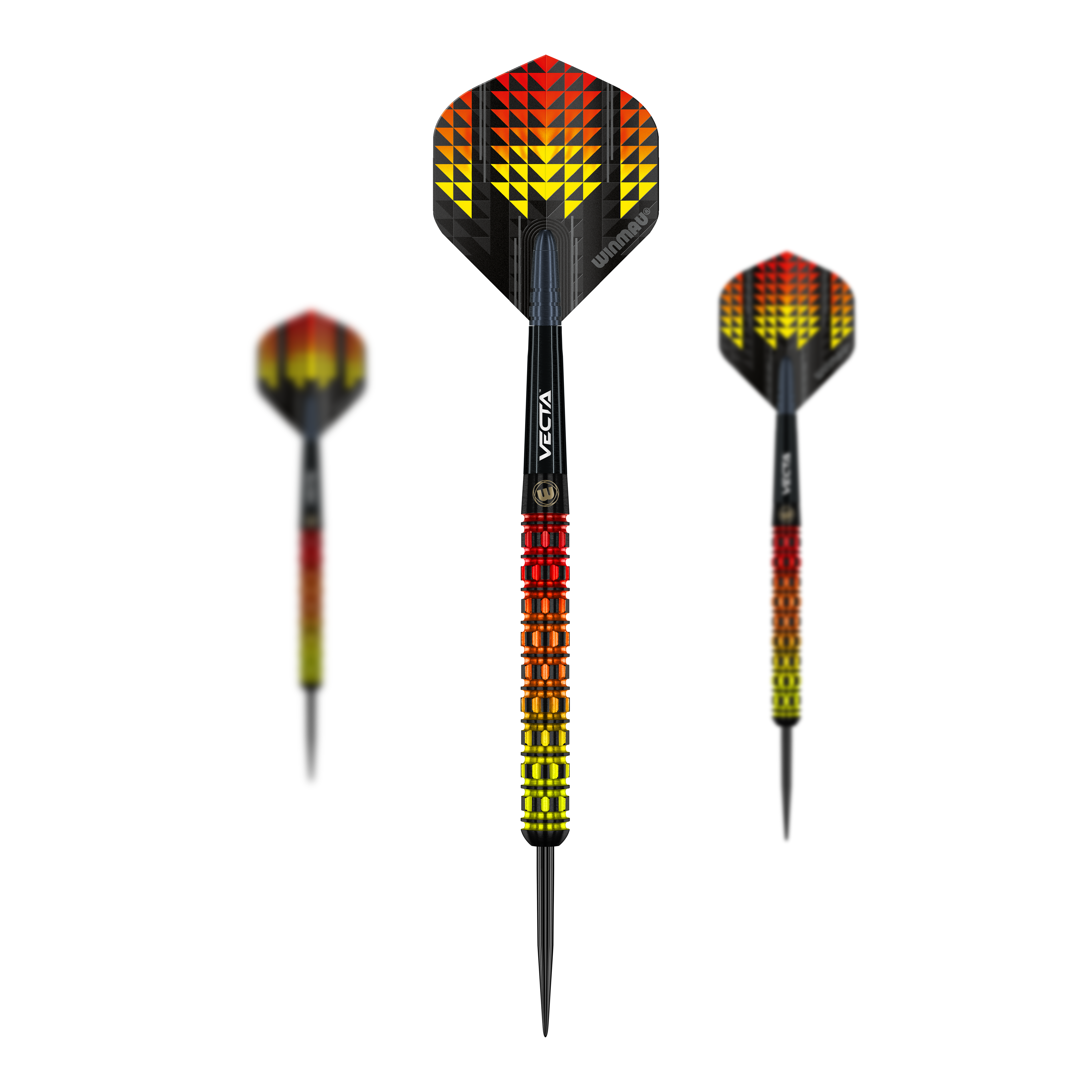Winmau Firestorm Flame Parallel Steeldarts Das Bild zeigt drei Winmau Firestorm Flame Parallel Steeldarts mit auffälligem Flammen-Design in Gelb, Orange und Rot. Die Flights sind schwarz mit geometrischem Muster, während die Schäfte passend farbig gestaltet sind.