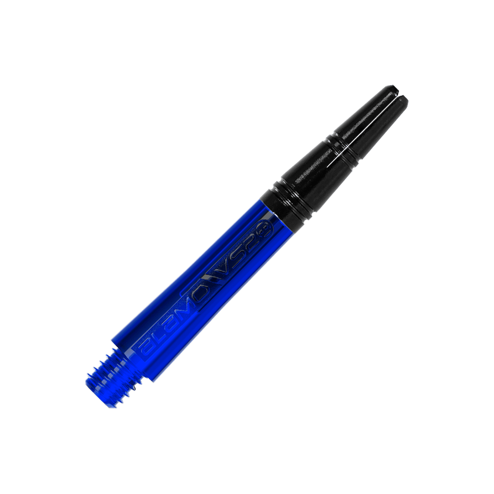 Harrow's Alamo VS2 Shafts - Blue Das Bild zeigt einen blauen Dart-Schaft mit schwarzem oberen Ende. Auf dem Schaft steht der Schriftzug "ALAMO VS2".