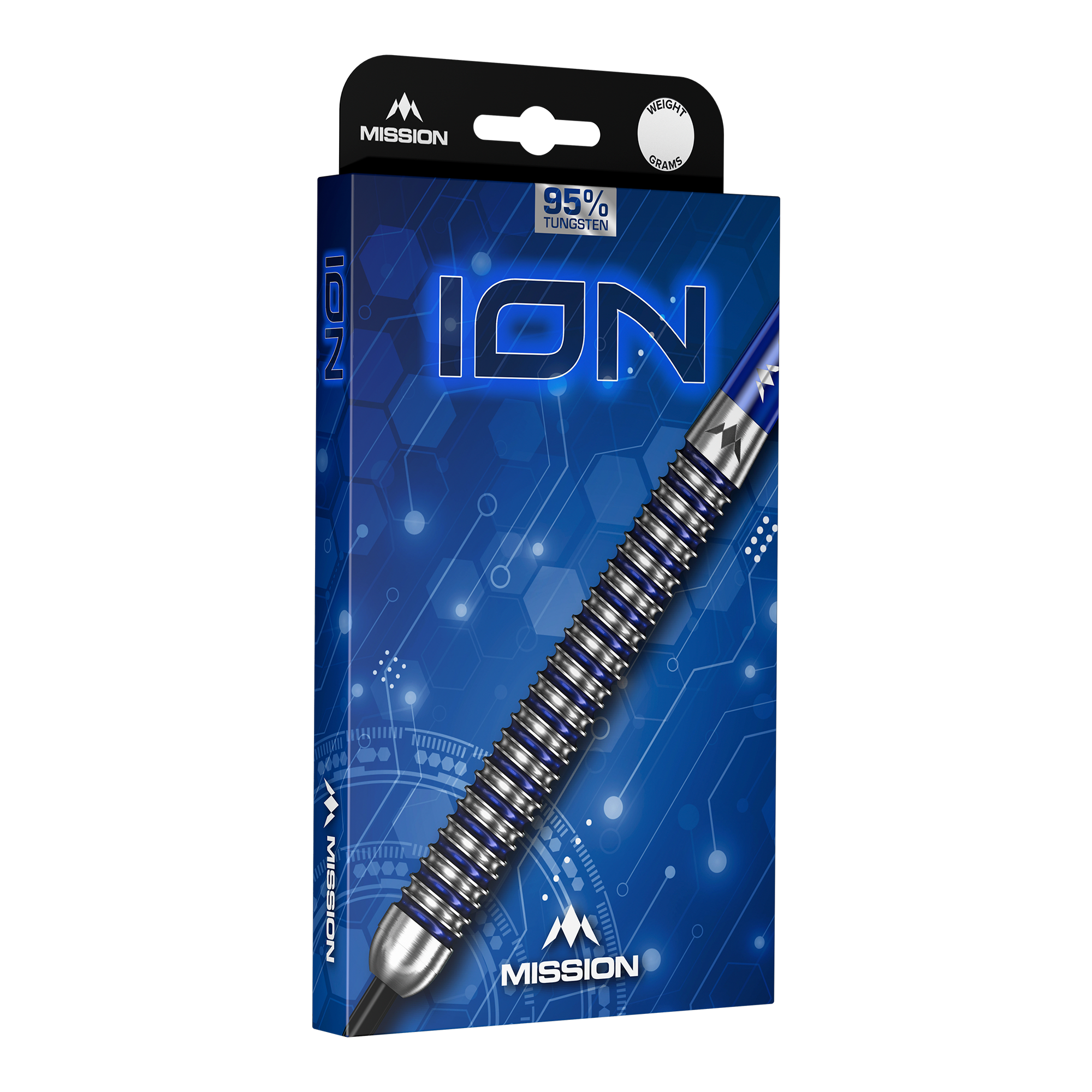 Mission ION Blue Silver Steeldarts sind auf diesem Bild zu sehen. Das Produkt zeichnet sich durch seine blaue und silberne Farbgebung aus.