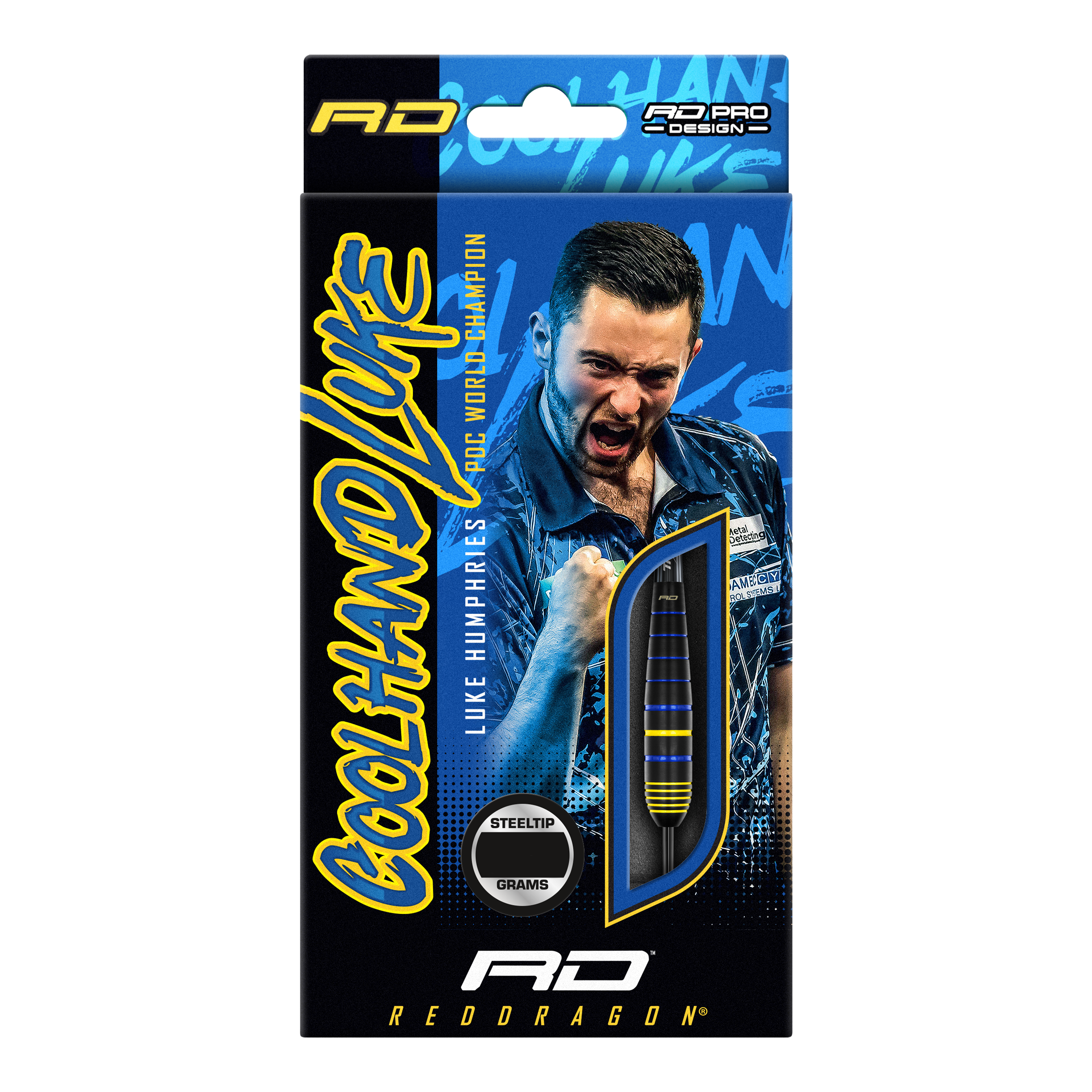 Red Dragon Luke Humphries World Champion Brass Steel Darts Auf der Verpackung sind die "Red Dragon Luke Humphries World Champion Brass Steeldarts" abgebildet. Im Hintergrund ist ein jubelnder Spieler zu sehen, daneben ist ein Dartpfeil durch ein Sichtfenster sichtbar.