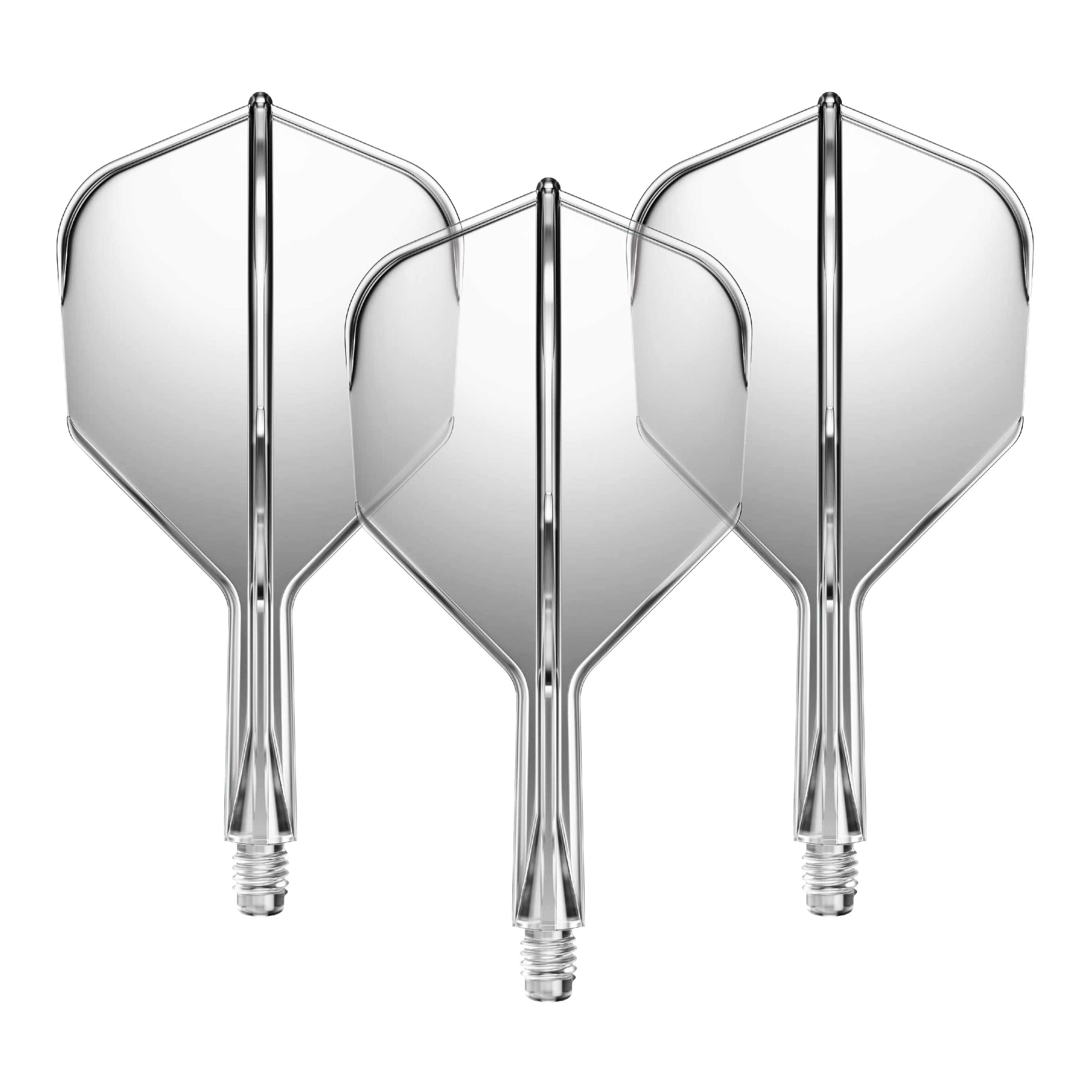 Das Bild zeigt drei durchsichtige Dartflights mit kurzen Schäften. Sie sind nebeneinander angeordnet und besitzen eine klare, glänzende Oberfläche.