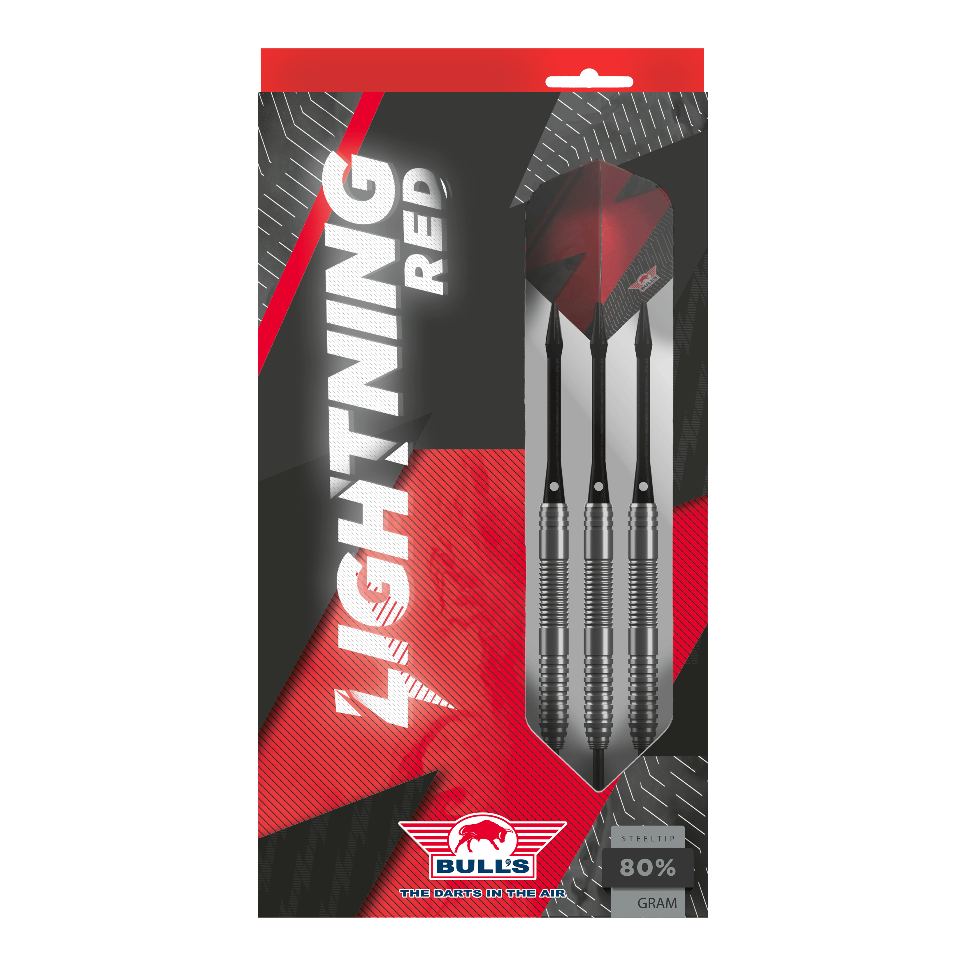 Bulls NL Lightning Red steel darts Das Bild zeigt die Verpackung der "Bulls NL Lightning Red Steeldarts". In der Packung sind drei silberne Steeldarts mit roten Flights zu sehen.