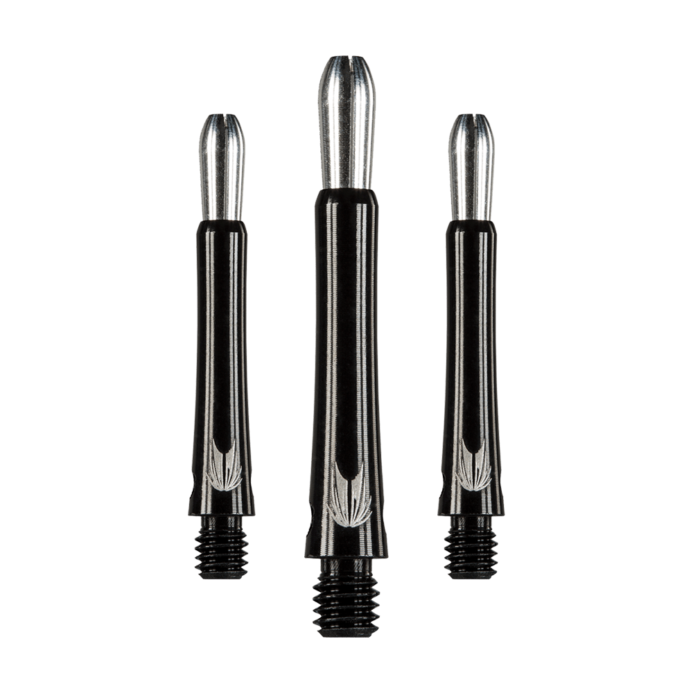 146230_Target_Grip_Style_Aluminium_Shafts_Schwarz_348mm_1 Das Bild zeigt drei schwarze Aluminium-Dartschäfte mit silbernen Spitzen. Die Schäfte haben ein schlichtes, glänzendes Design mit eingraviertem Muster am unteren Ende.