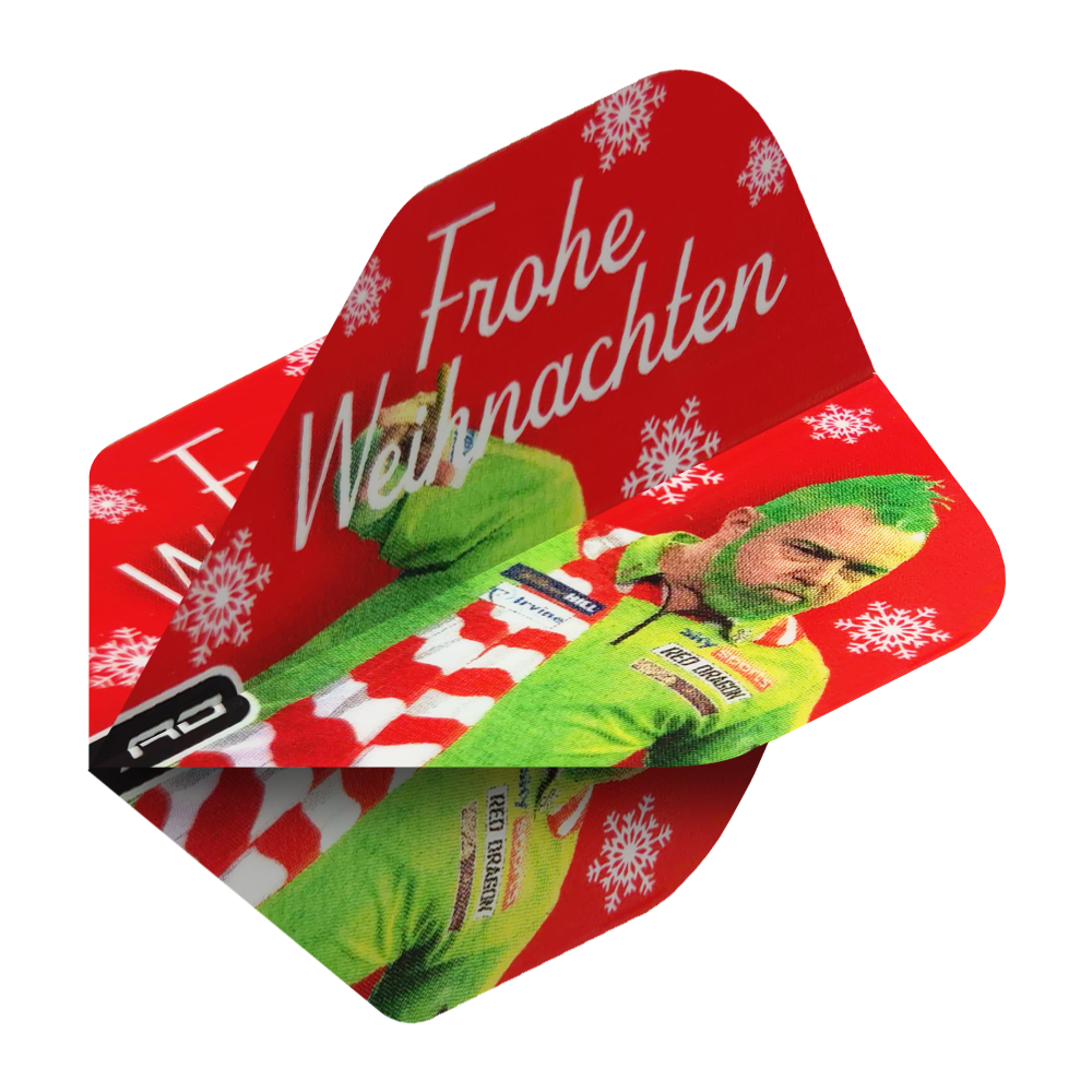 Das Bild zeigt die Red Dragon Peter Wright Grinch Standard Weihnachtsflights. Diese Flights sind für Darts im Weihnachtsdesign geeignet.