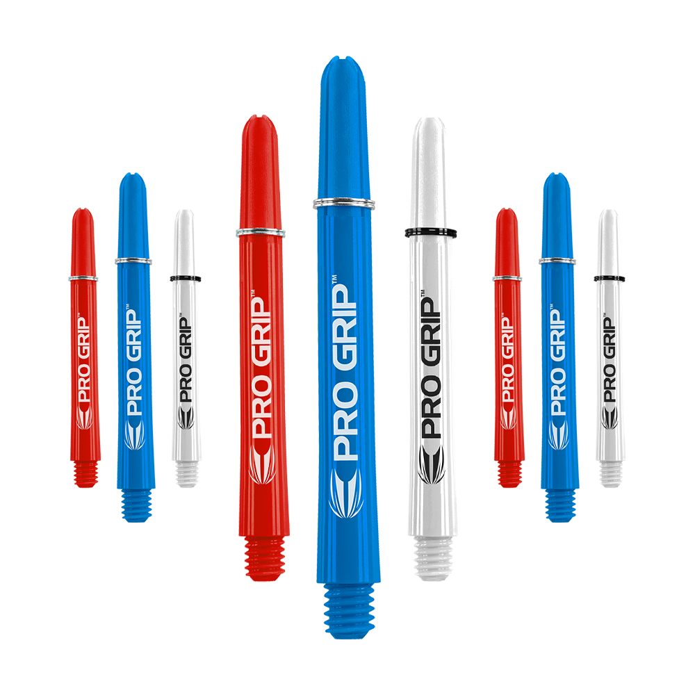 Target Pro Grip Shafts - 3 Sets - Red Blue White Das Bild zeigt neun Dart-Shafts in den Farben Blau, Rot und Weiß. Auf jedem Shaft steht der Schriftzug "PRO GRIP" mit einem kleinen Logo darunter.