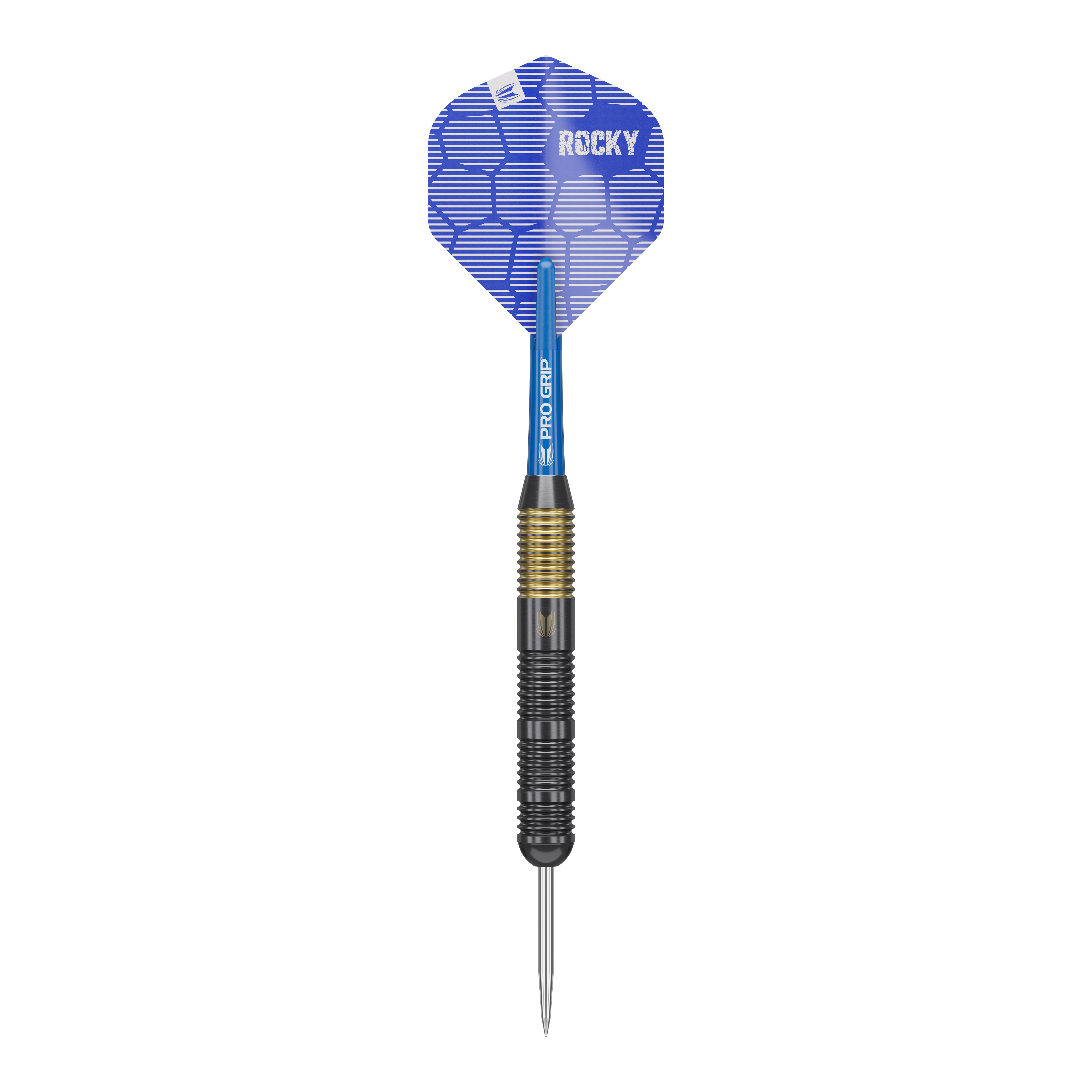 Target Josh Rock Brass Steel Darts - 22g Das Bild zeigt einen Target Josh Rock Brass Steeldart mit einem Gewicht von 22g. Der Dart hat eine blaue Flight mit der Aufschrift "ROCKY" und einen geriffelten Messinggriff.