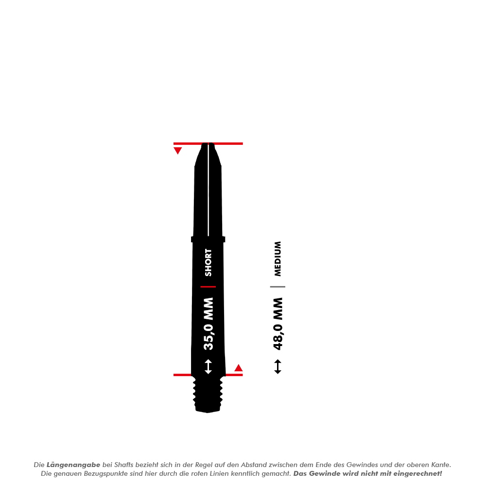 Winmau Joe Cullen Rockstar Nylon Shafts Das Bild zeigt einen schwarzen Dart-Schaft mit einer beschrifteten Längenangabe von 35,0 mm (Short). Zusätzlich ist eine Vergleichslinie für die Länge "Medium" mit 48,0 mm eingezeichnet.