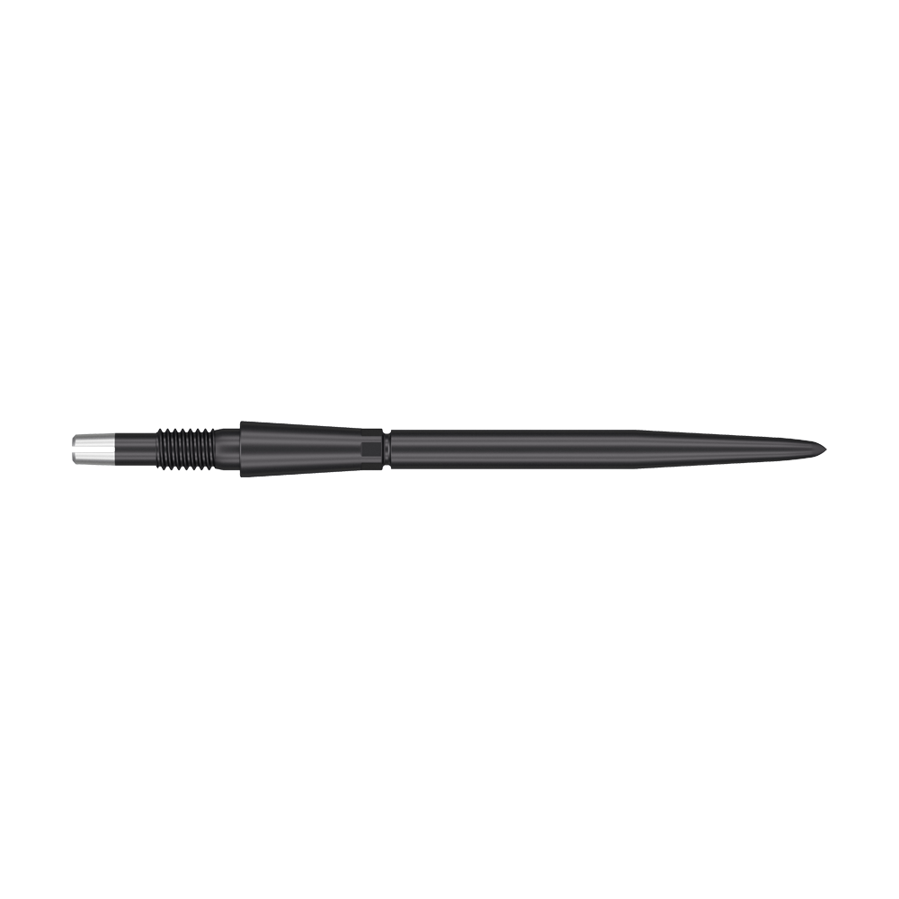 Target Swiss Storm Point Dart Tips - Black Das Bild zeigt eine schwarze Dartspitze mit einem geriffelten Griffbereich. Die Spitze ist lang und schmal, ideal für den Einsatz bei Dartpfeilen.