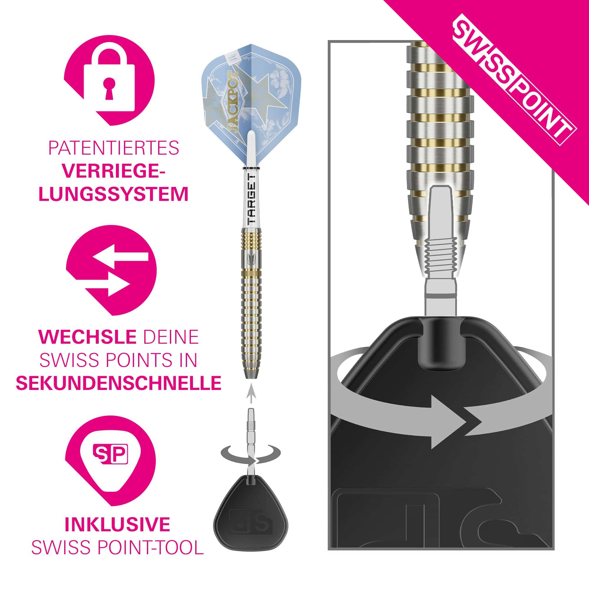 Target Adrian Lewis Showdown Swiss Points Steeldarts Abgebildet sind die Target Adrian Lewis Showdown Swiss Points Steeldarts. Sie zeichnen sich durch ihr spezielles Design aus.