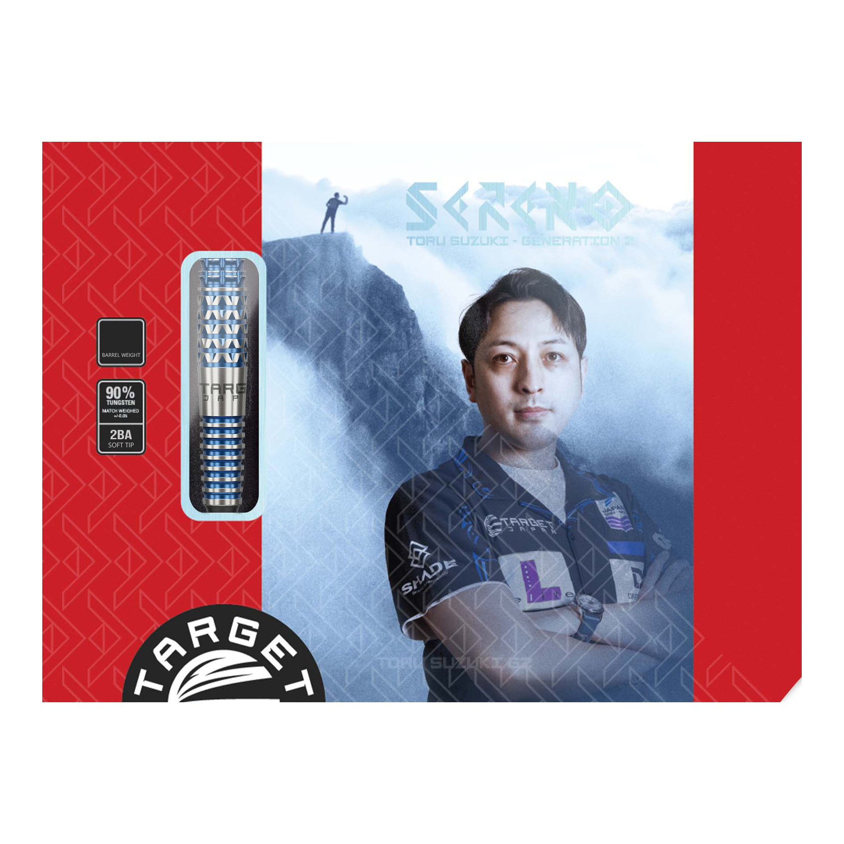 Die Verpackung zeigt das Produkt "Target Japan Toru Suzuki Sereno GEN2 Softdarts - 20g". Auf der Vorderseite ist ein Bild von Toru Suzuki sowie die Darts und Produktinformationen abgebildet.